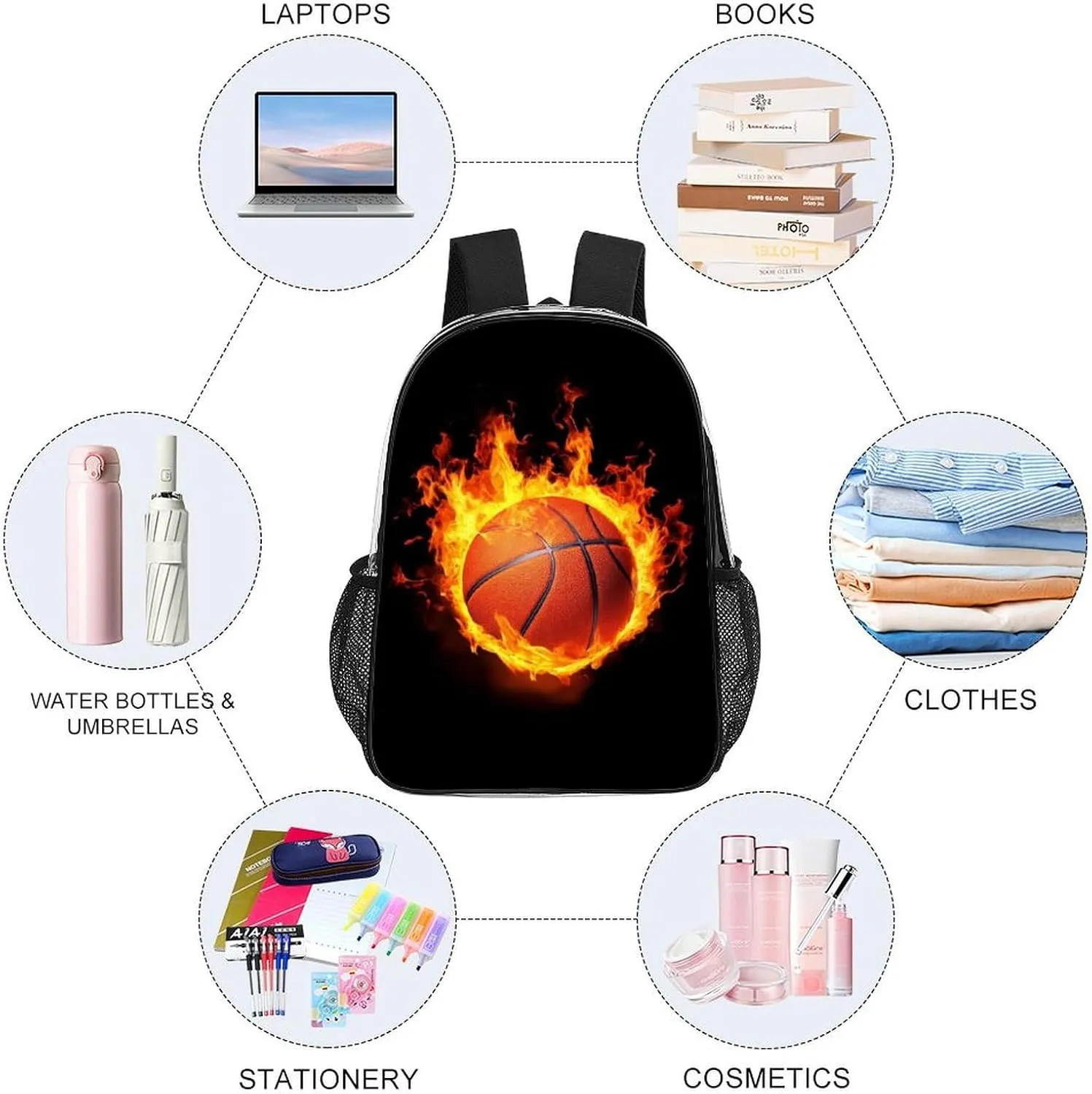 Men Women Transparent Burnning Fire Basketball Black Daypack Big Capacity Shoulder Bag With Adjustable Shoulder Straps for Camping Travel Walking Cycling