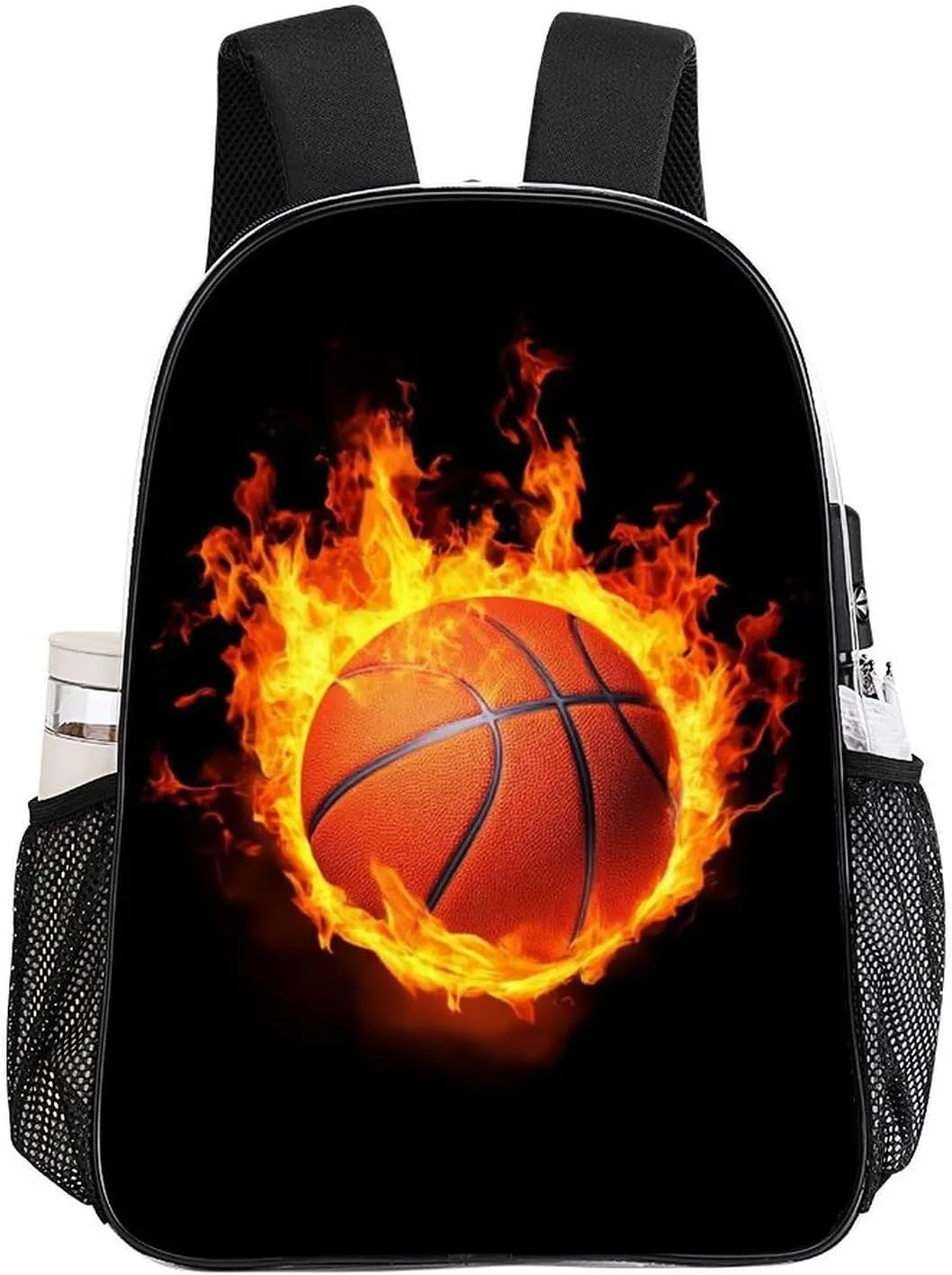 Men Women Transparent Burnning Fire Basketball Black Daypack Big Capacity Shoulder Bag With Adjustable Shoulder Straps for Camping Travel Walking Cycling