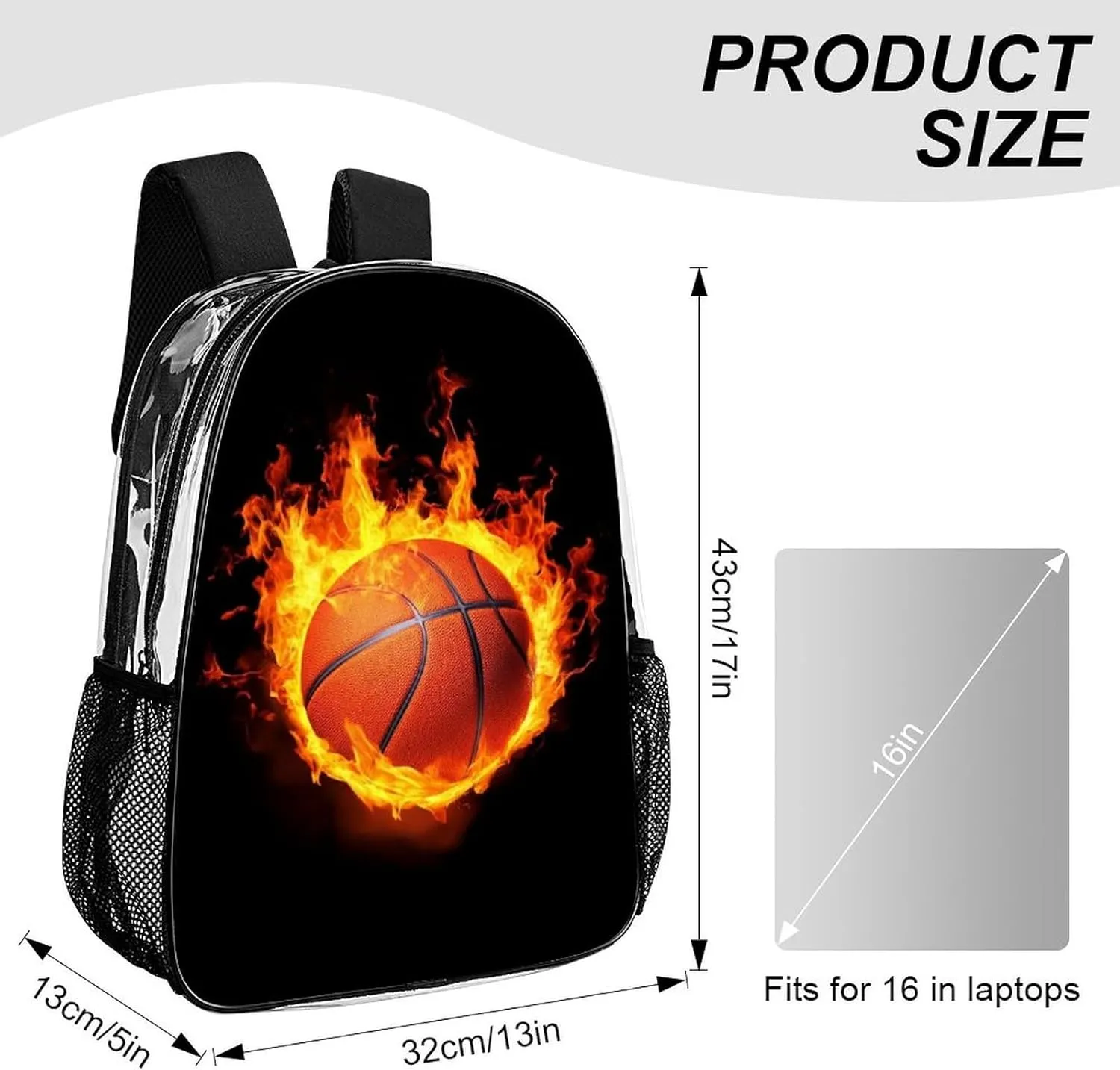 Men Women Transparent Burnning Fire Basketball Black Daypack Big Capacity Shoulder Bag With Adjustable Shoulder Straps for Camping Travel Walking Cycling