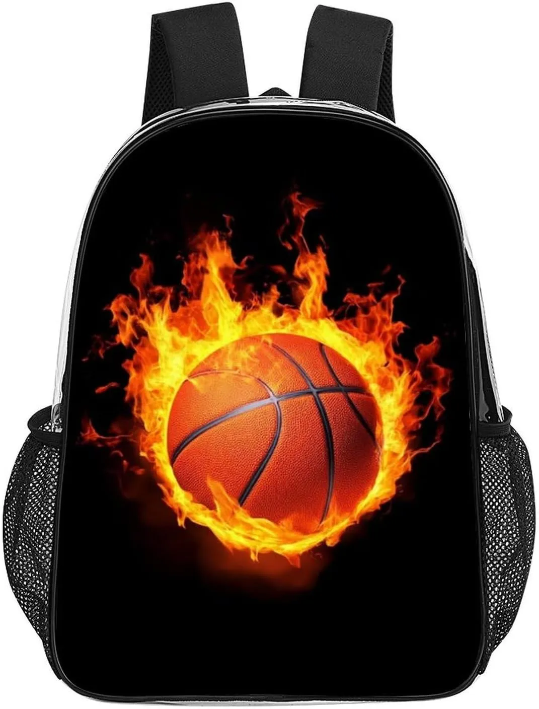 Men Women Transparent Burnning Fire Basketball Black Daypack Big Capacity Shoulder Bag With Adjustable Shoulder Straps for Camping Travel Walking Cycling