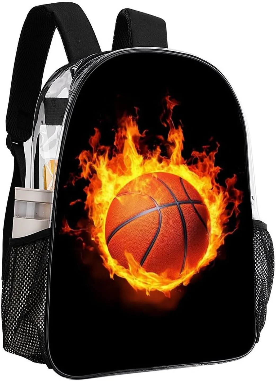 Men Women Transparent Burnning Fire Basketball Black Daypack Big Capacity Shoulder Bag With Adjustable Shoulder Straps for Camping Travel Walking Cycling