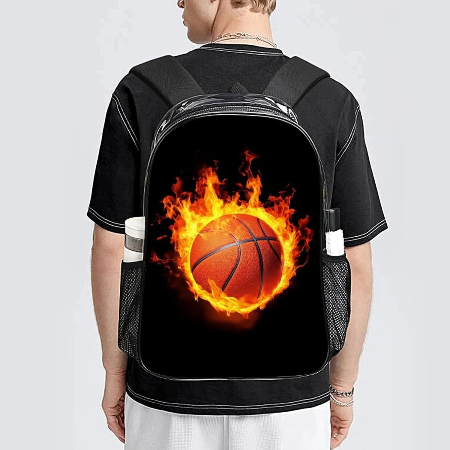 Men Women Transparent Burnning Fire Basketball Black Daypack Big Capacity Shoulder Bag With Adjustable Shoulder Straps for Camping Travel Walking Cycling
