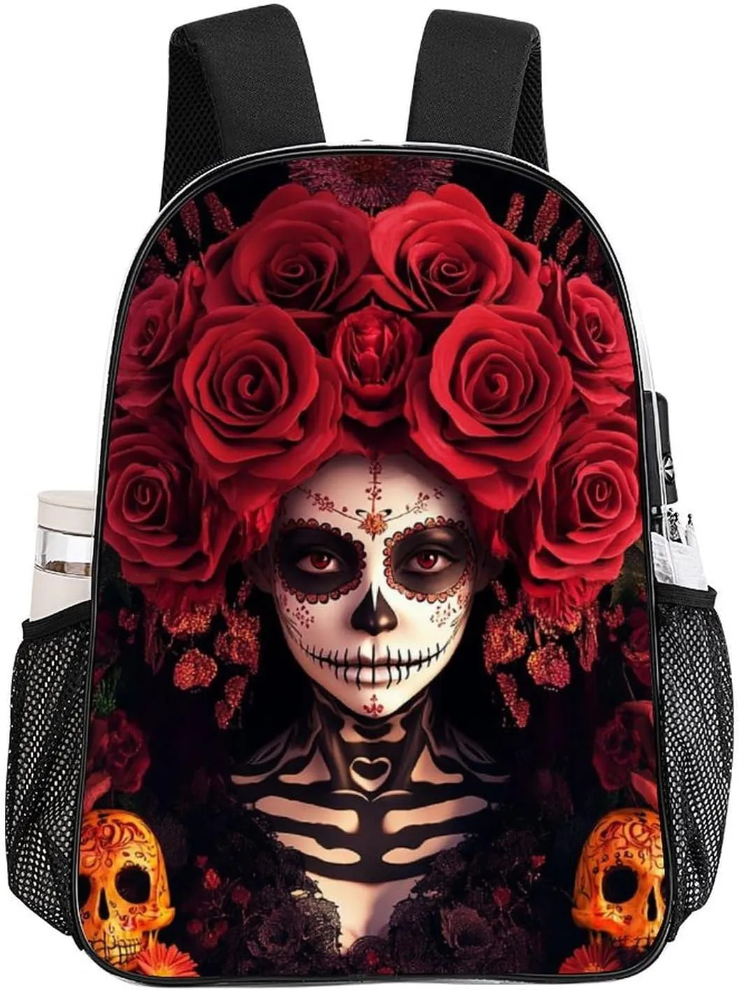 Men Women Transparent Day Of Dead Halloween Roses Sugar Skulls Casual Daypack Large Capacity Carry On Bag With Adjustable Shoulder Straps for Camping Work Running