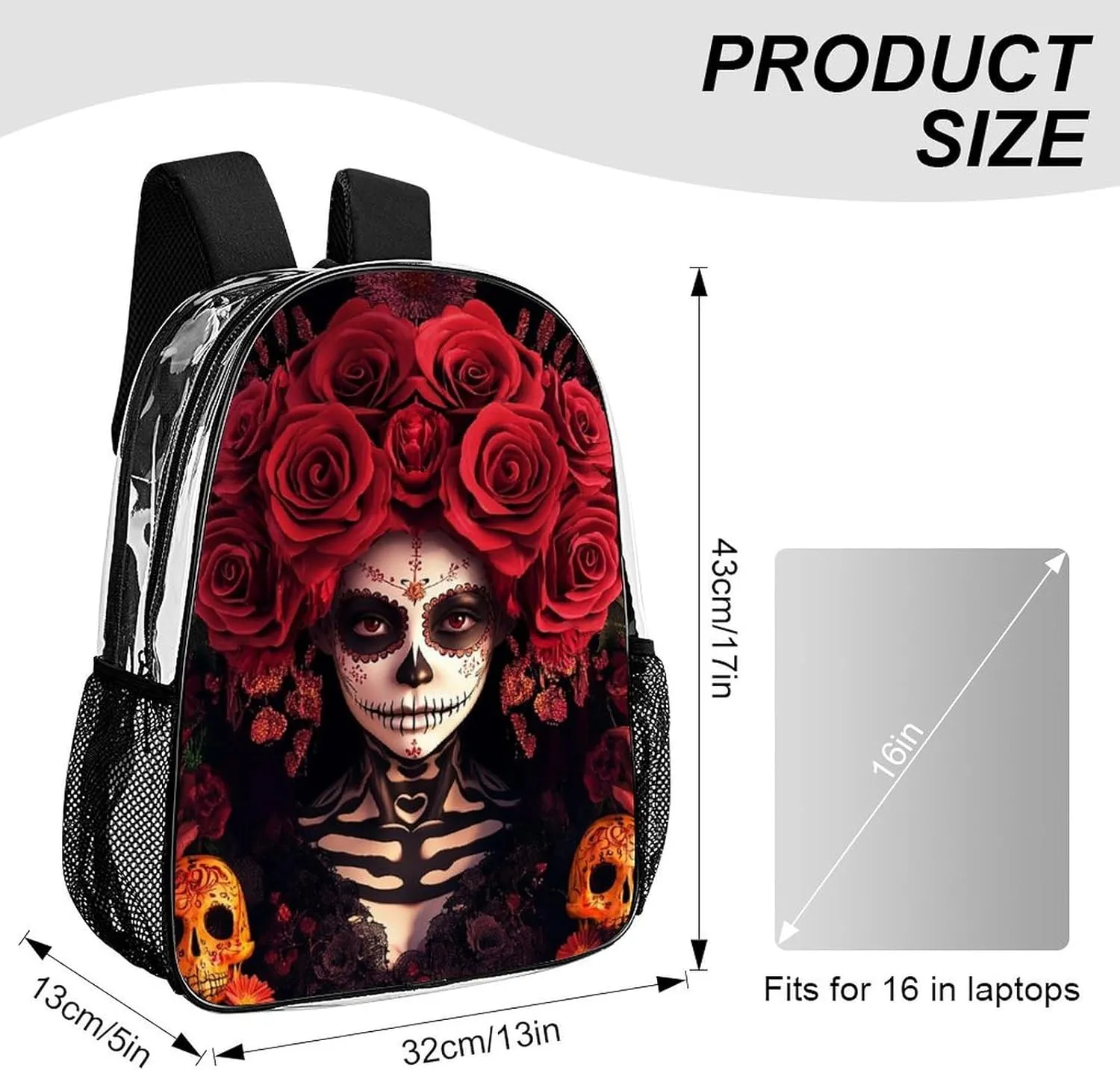 Men Women Transparent Day Of Dead Halloween Roses Sugar Skulls Casual Daypack Large Capacity Carry On Bag With Adjustable Shoulder Straps for Camping Work Running