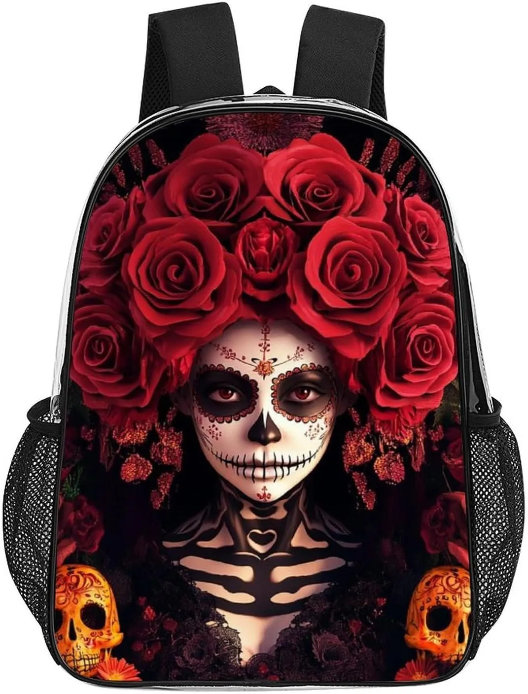 Men Women Transparent Day Of Dead Halloween Roses Sugar Skulls Casual Daypack Large Capacity Carry On Bag With Adjustable Shoulder Straps for Camping Work Running