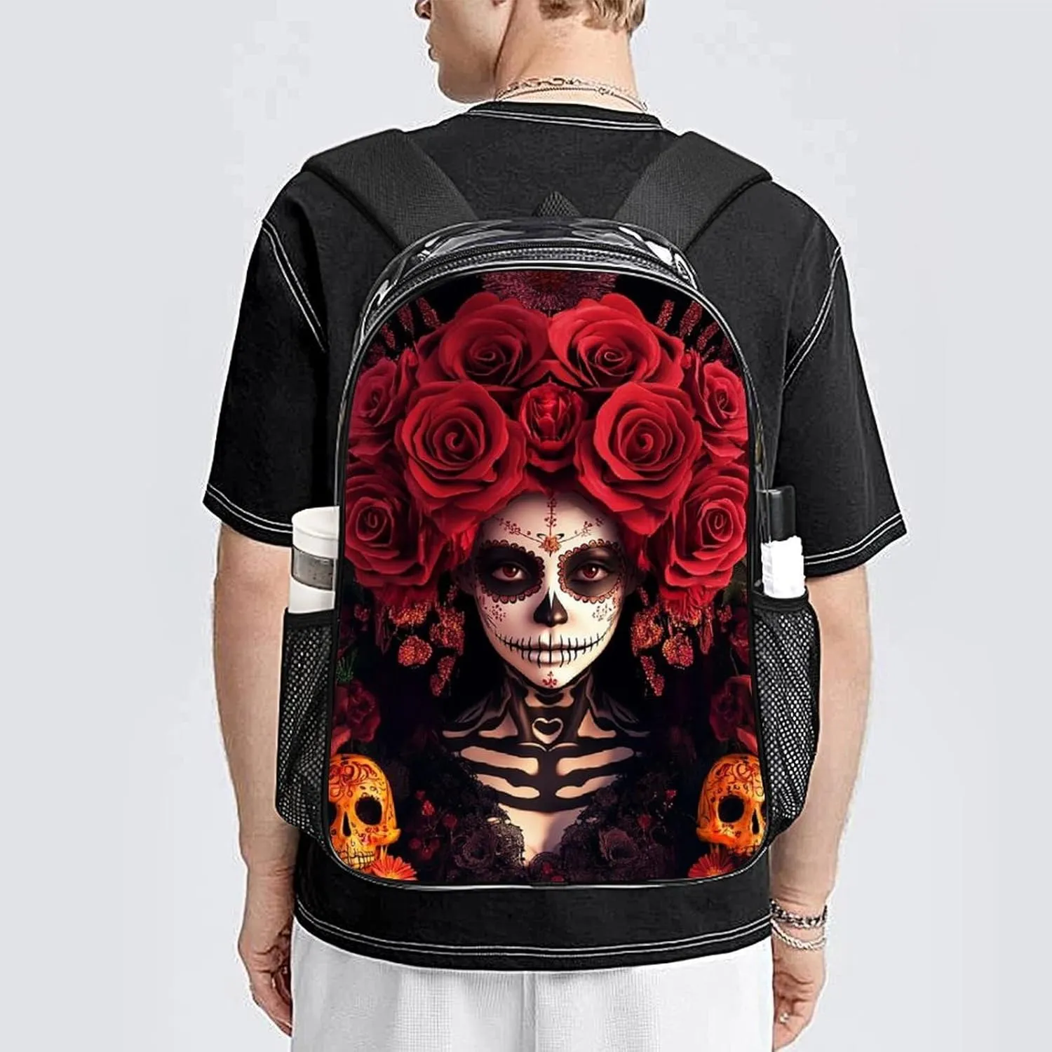 Men Women Transparent Day Of Dead Halloween Roses Sugar Skulls Casual Daypack Large Capacity Carry On Bag With Adjustable Shoulder Straps for Camping Work Running