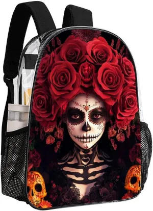 Men Women Transparent Day Of Dead Halloween Roses Sugar Skulls Casual Daypack Large Capacity Carry On Bag With Adjustable Shoulder Straps for Camping Work Running