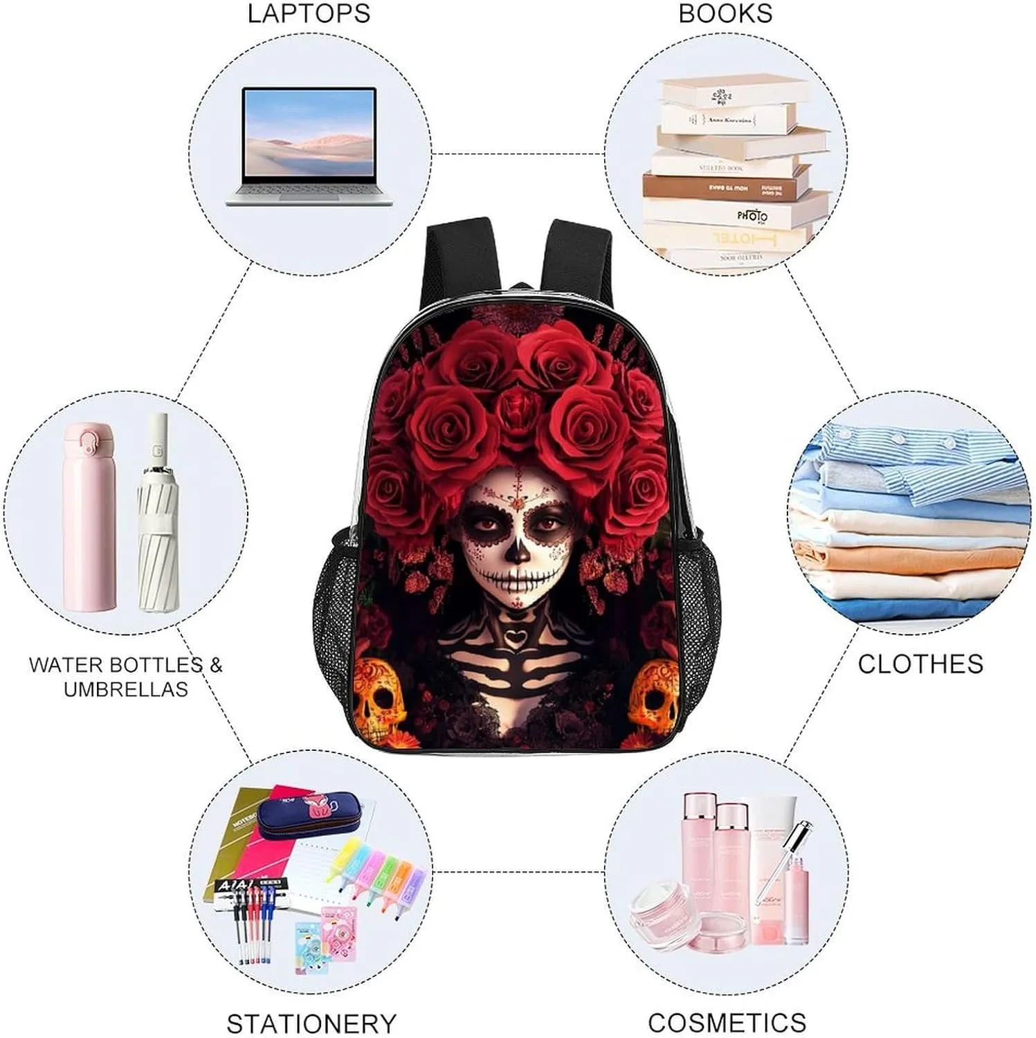 Men Women Transparent Day Of Dead Halloween Roses Sugar Skulls Casual Daypack Large Capacity Carry On Bag With Adjustable Shoulder Straps for Camping Work Running