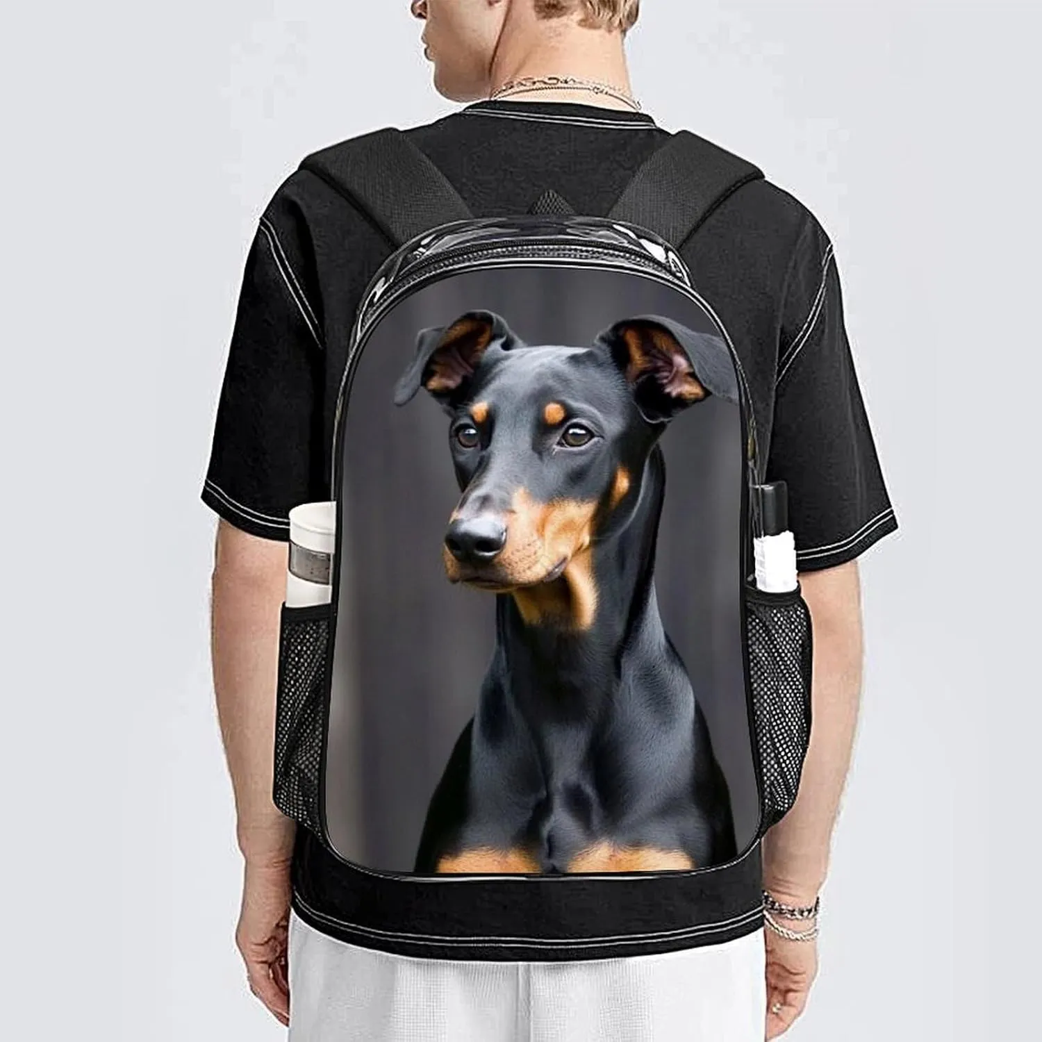 Men Women Transparent German Doberman Pinscher Casual Daypack Large Capacity Carry On Bag With Adjustable Shoulder Straps for Camping Work Running