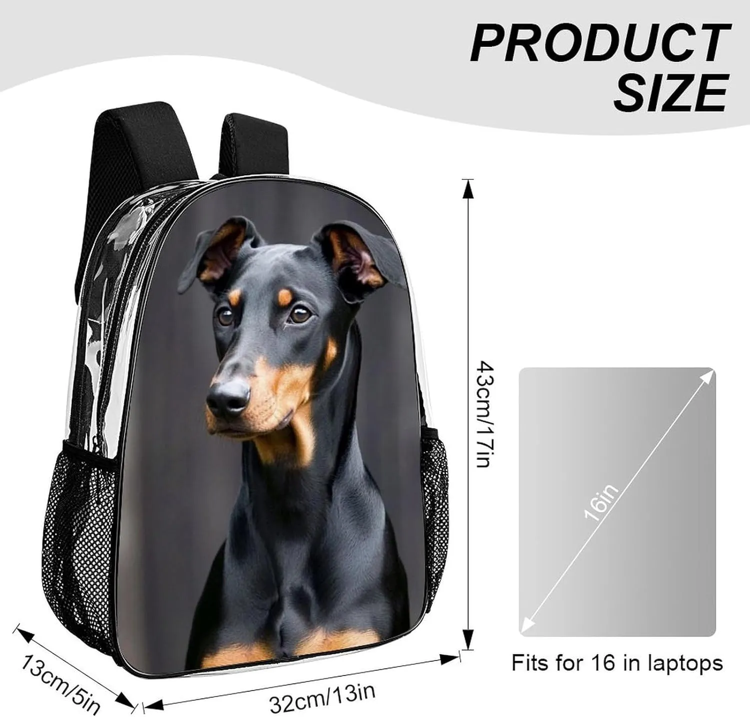 Men Women Transparent German Doberman Pinscher Casual Daypack Large Capacity Carry On Bag With Adjustable Shoulder Straps for Camping Work Running