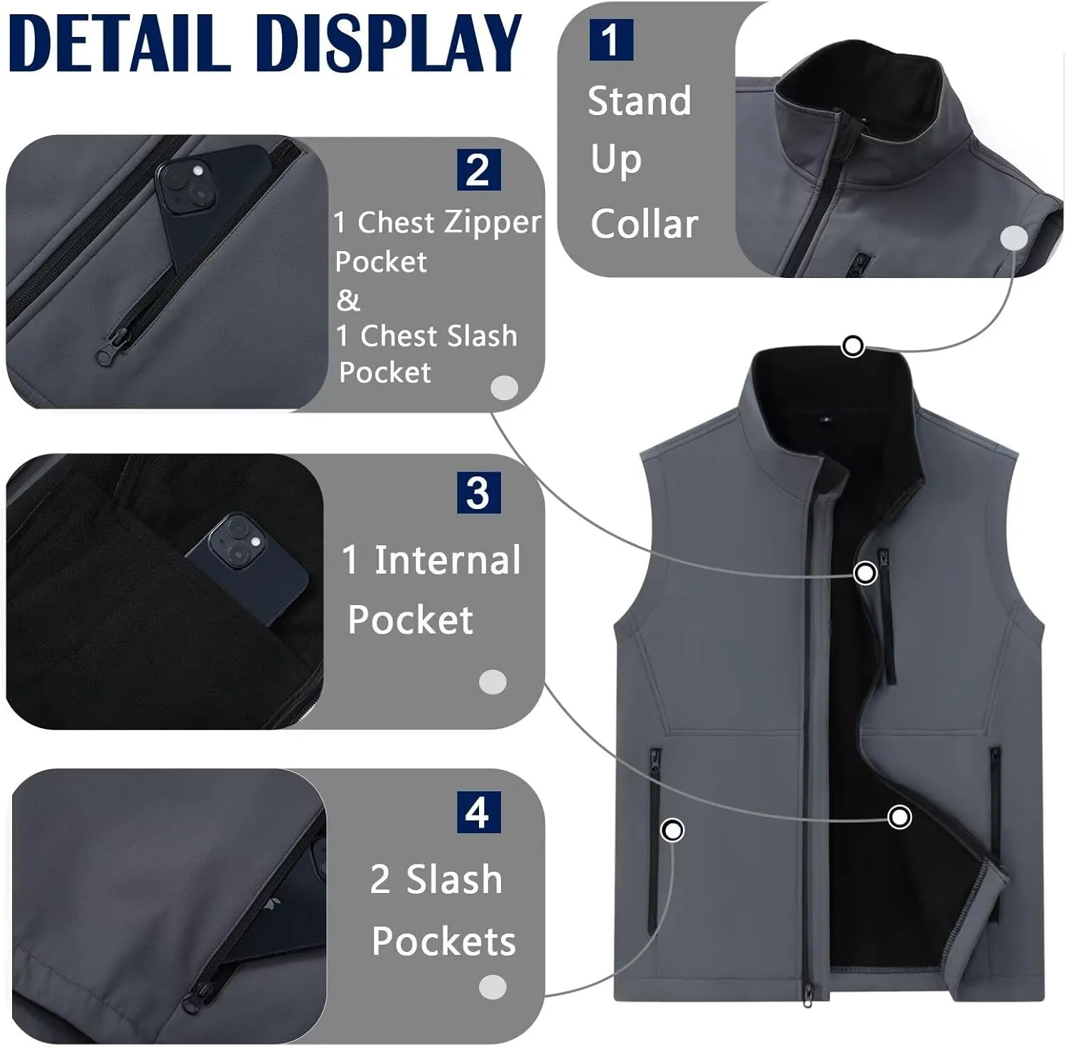 Men's Lightweight Softshell Vest Outerwear Windproof Puffer Sleeveless Jacket for Golf Running