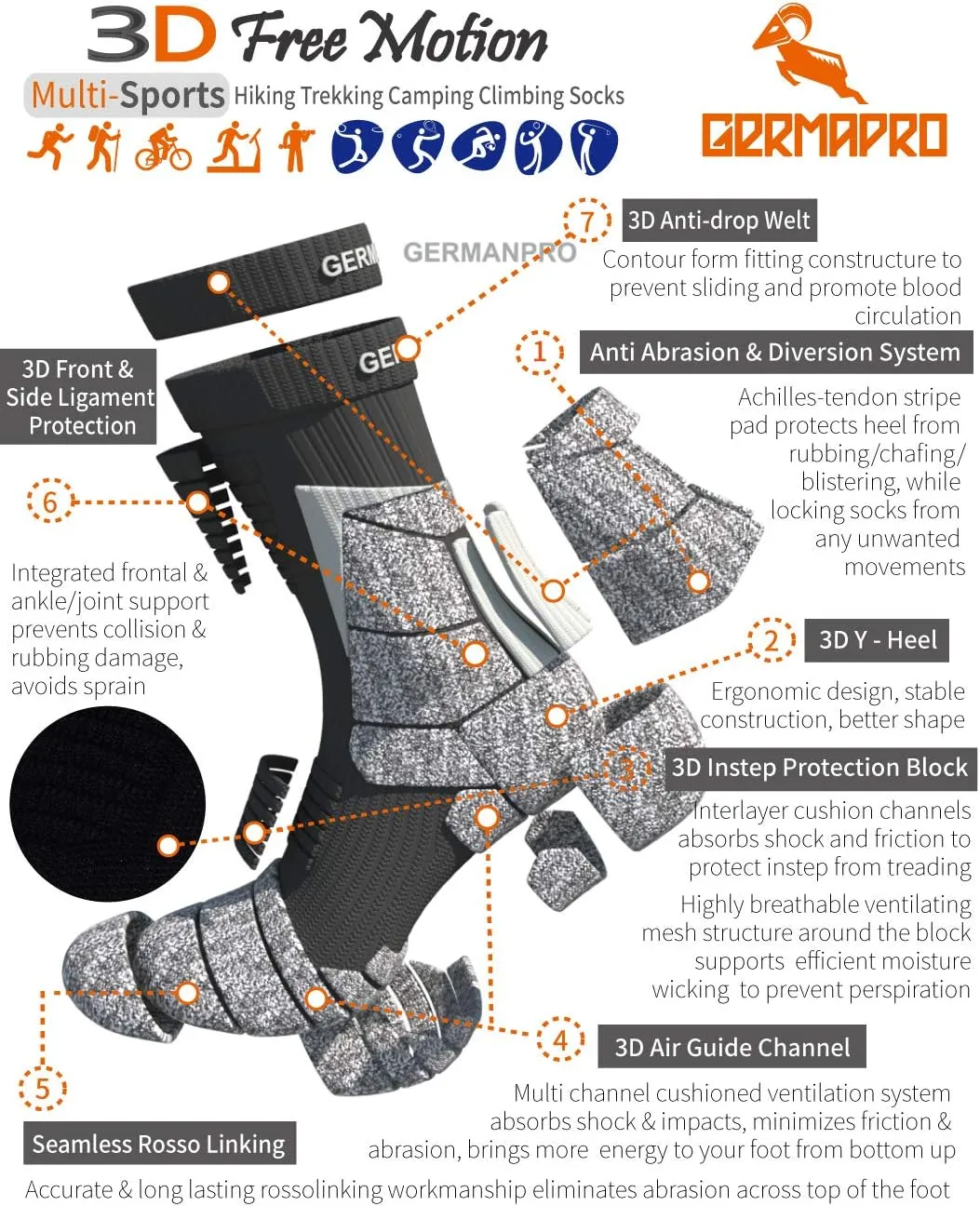 Mens Moisture Wicking Crew Compression Hiking Work Boot Socks w/Anti-Fatigue Germanium Infused   Coolmax Fiber 1/2 Pk