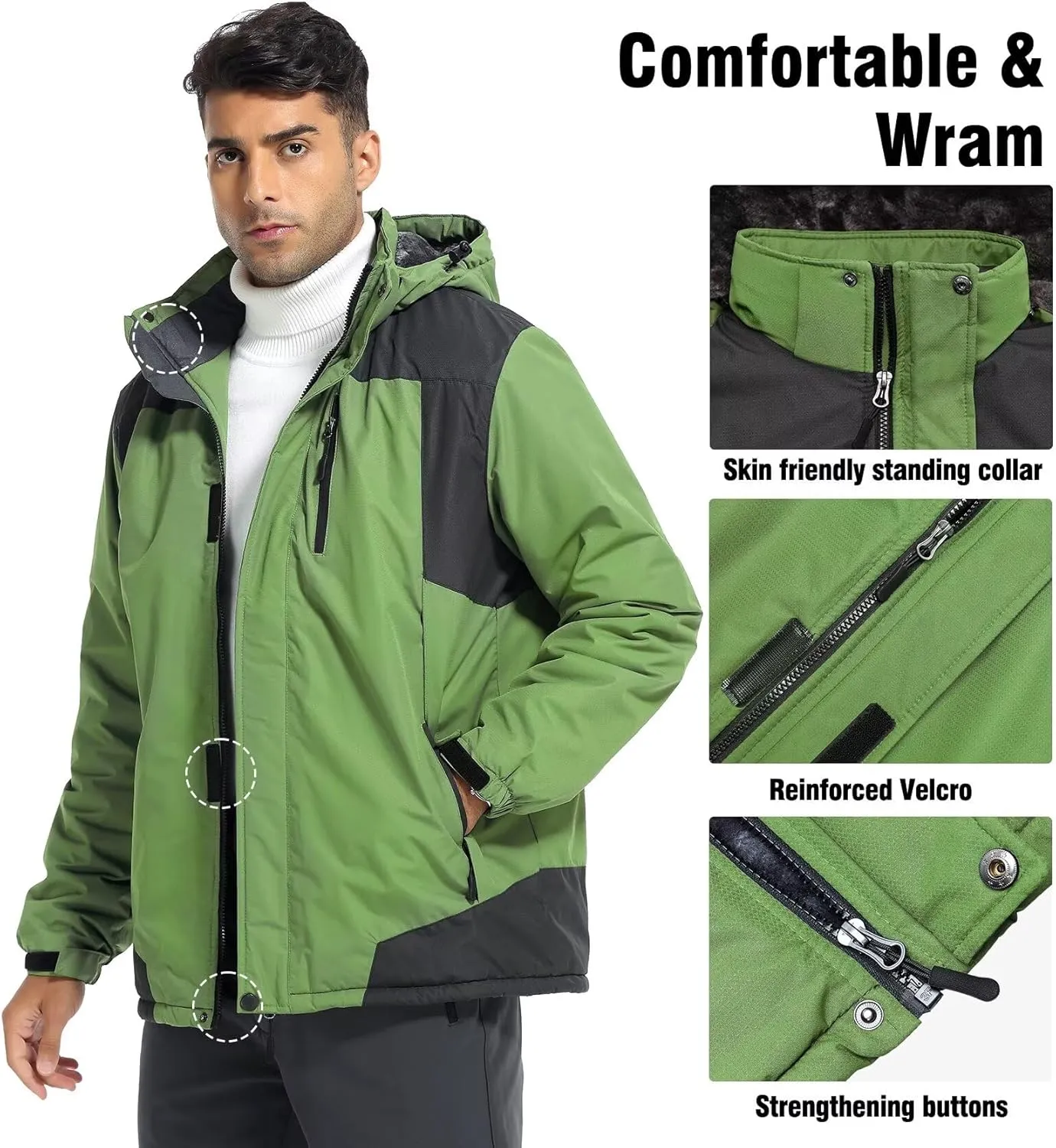 Men's Mountain Ski Jacket Waterproof Fleece Liner Snow Coat Warm Winter Windproof Hooded Raincoat