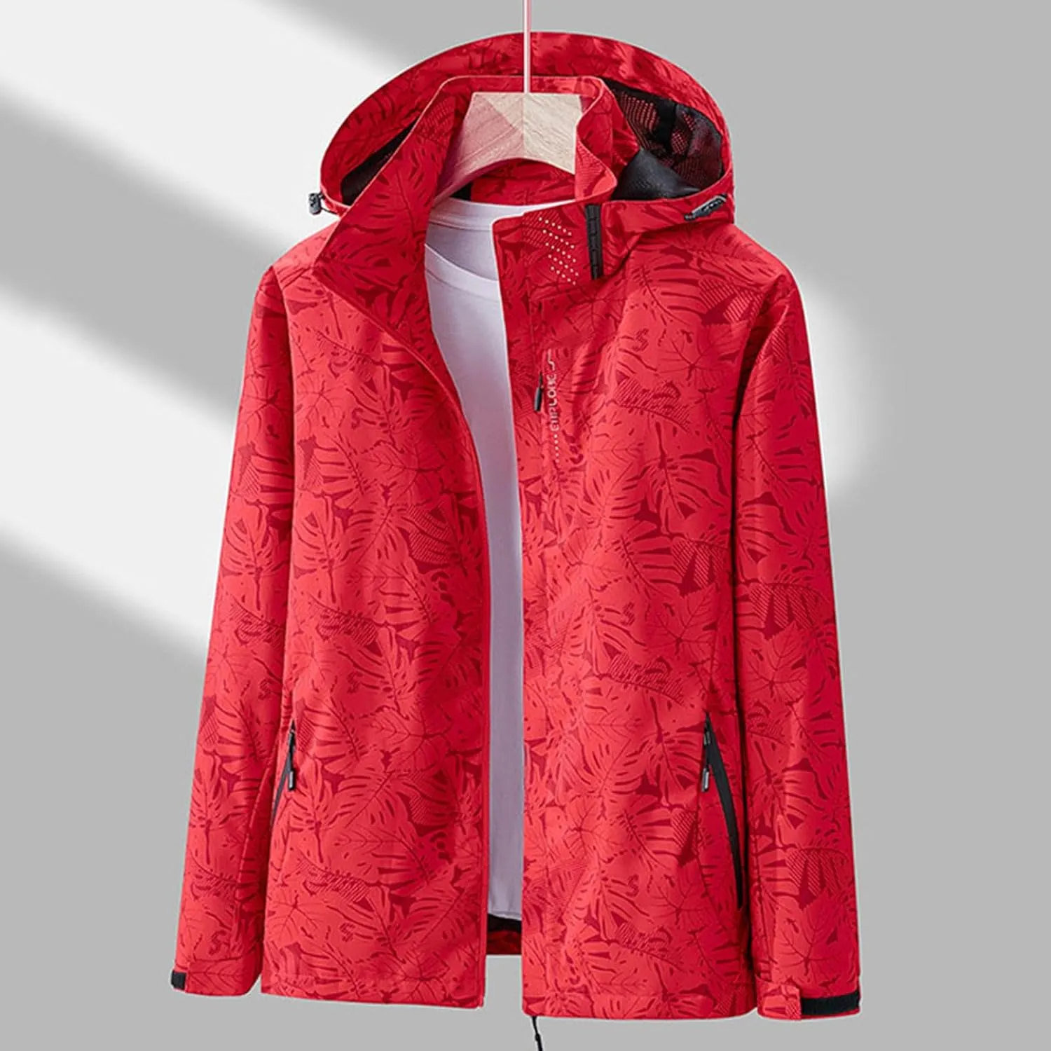 Mens Raincoat Hooded Long Sleeve Zipper with Pocket Outdoor Rain Jacket Waterproof Soft Windbreaker for Hiking Travel