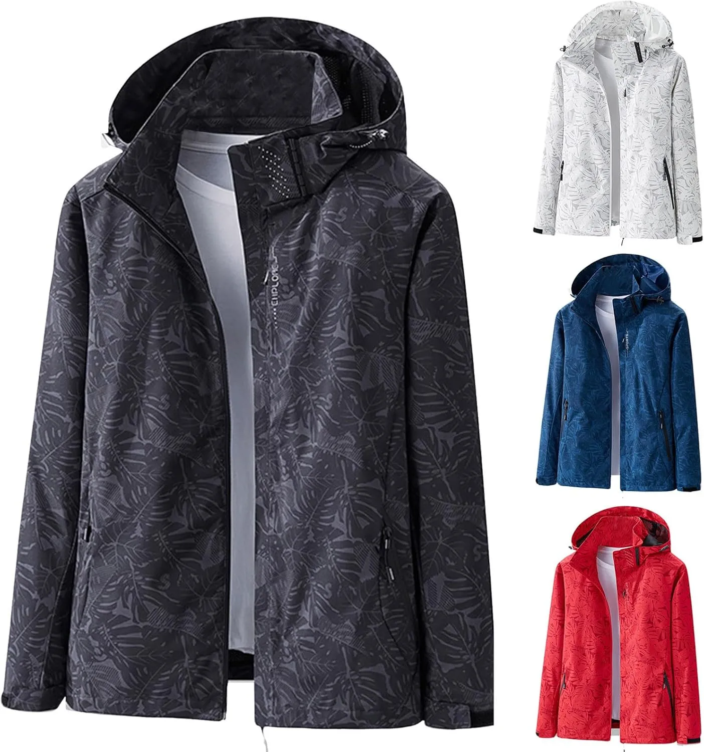 Mens Raincoat Hooded Long Sleeve Zipper with Pocket Outdoor Rain Jacket Waterproof Soft Windbreaker for Hiking Travel