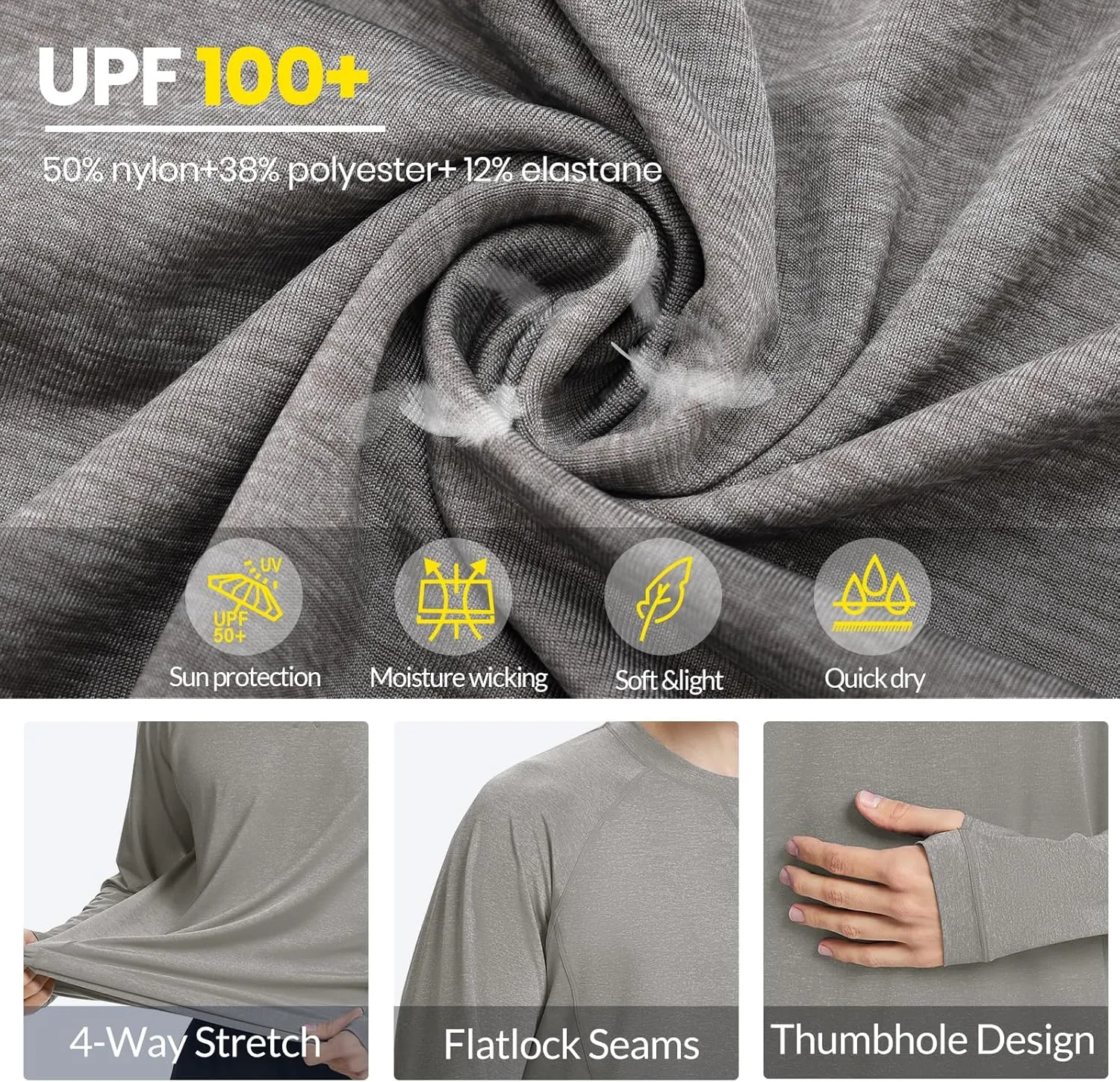 Mens UPF 100  Sun Protection Shirts Long Sleeve SPF UV Swim Rash Guard for Fishing Running Hiking Outdoor Workout