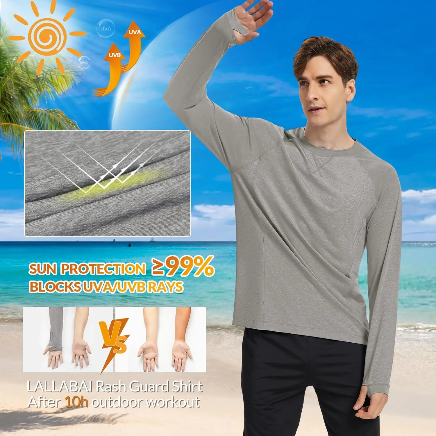 Mens UPF 100  Sun Protection Shirts Long Sleeve SPF UV Swim Rash Guard for Fishing Running Hiking Outdoor Workout