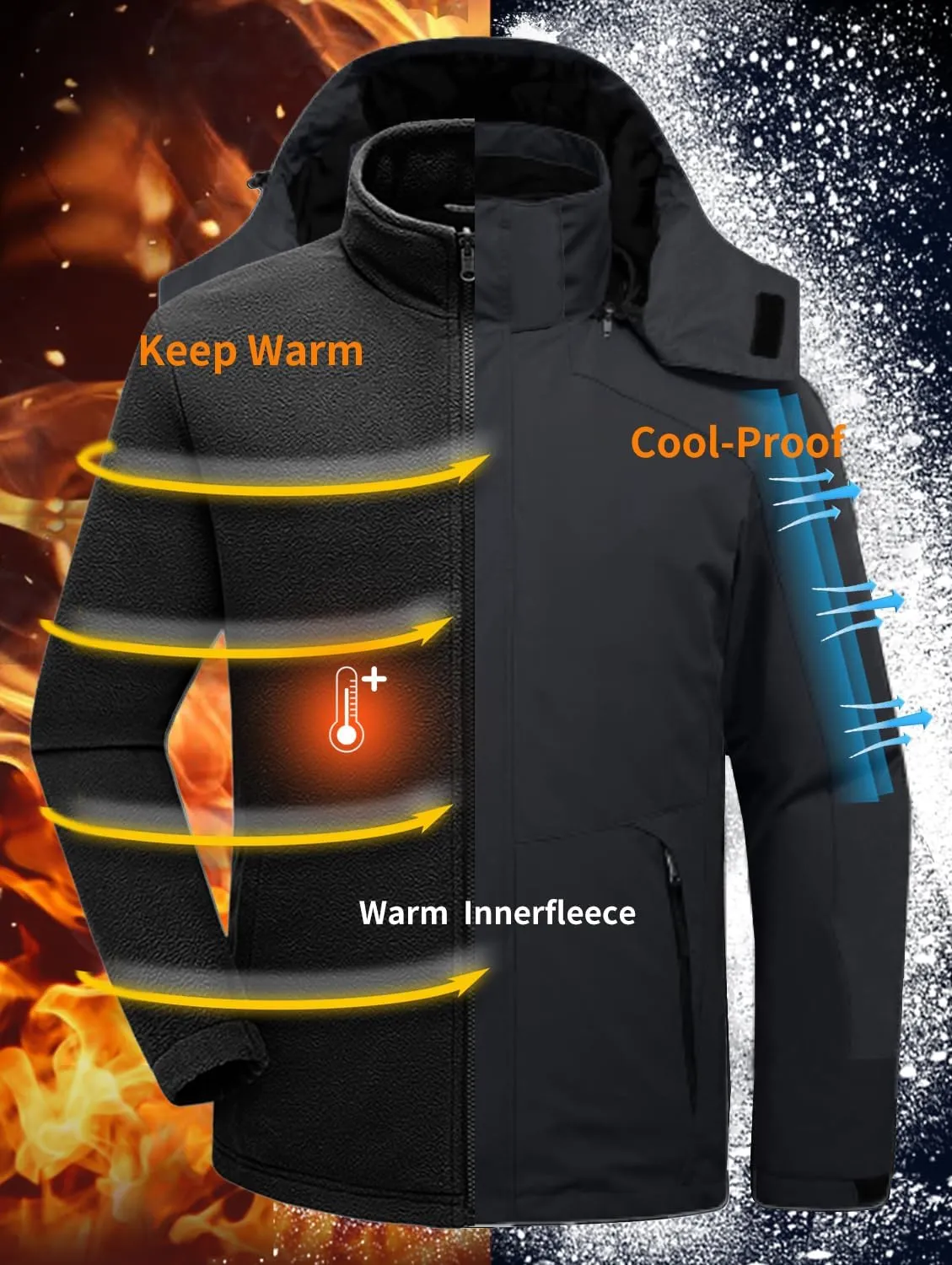 Mens Winter Skiing Jacket 3 in 1 Waterproof Warm Snow Fleece Lining Coat Hooded Windproof Jacket S-6XL