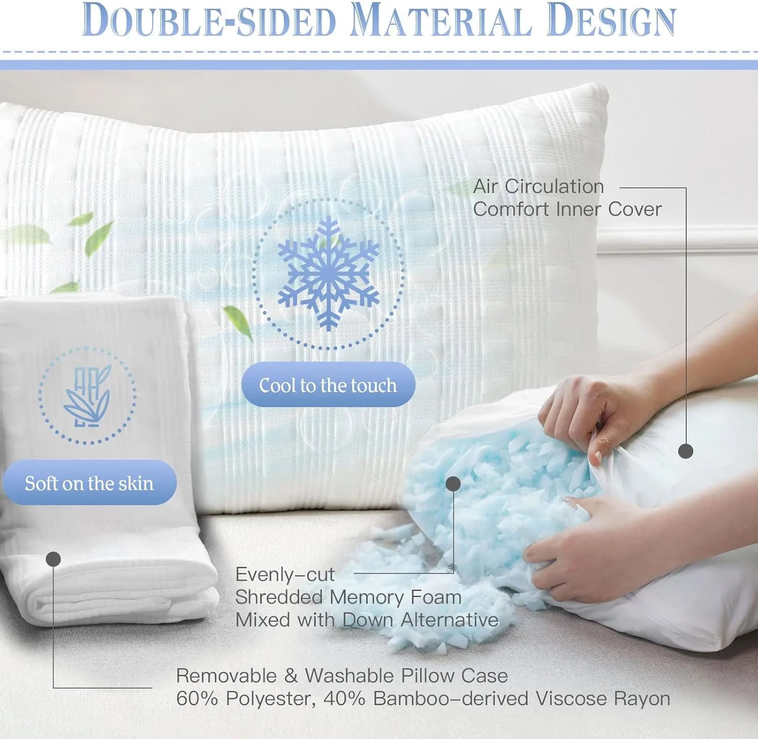 Meoflaw Cooling Pillows for Sleeping Queen Size Set of 2,Shredded Memory Foam Bed Pillow with Pillow Case-Double Sided Material,Adjustable Loft Queen Pillow for Side & Back Sleeper-Medium Firm