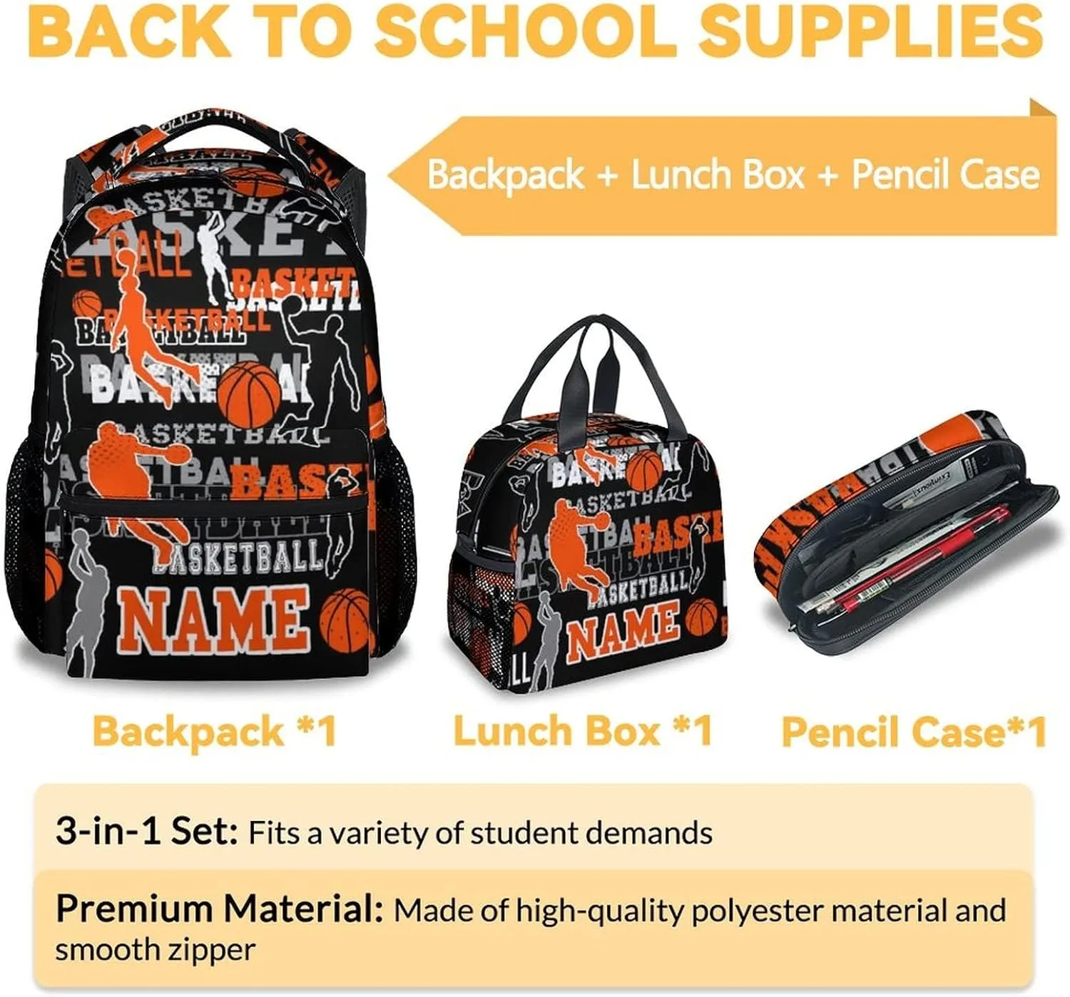 Mercuryelf Custom Basketball Backpack with Lunch Box and Pencil Case, Personalized Elementary Kindergarten School Bookbags for Boys Kids with Name, Set of 3