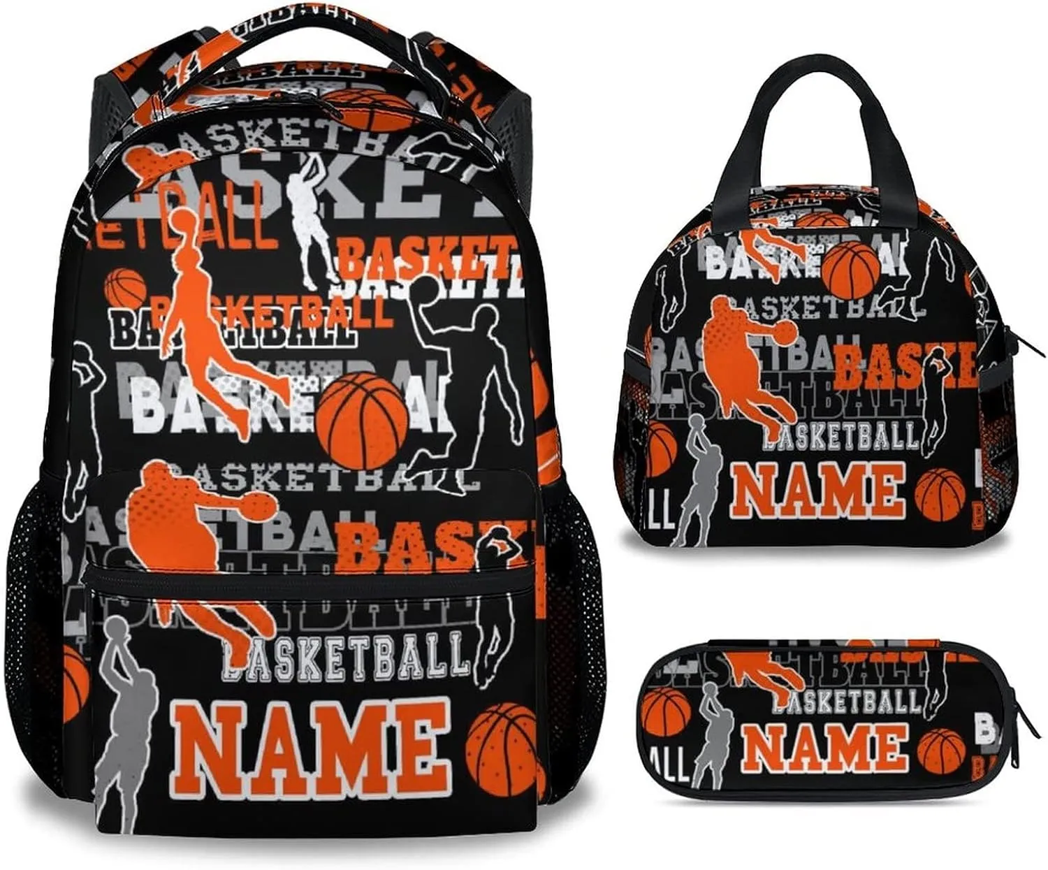 Mercuryelf Custom Basketball Backpack with Lunch Box and Pencil Case, Personalized Elementary Kindergarten School Bookbags for Boys Kids with Name, Set of 3