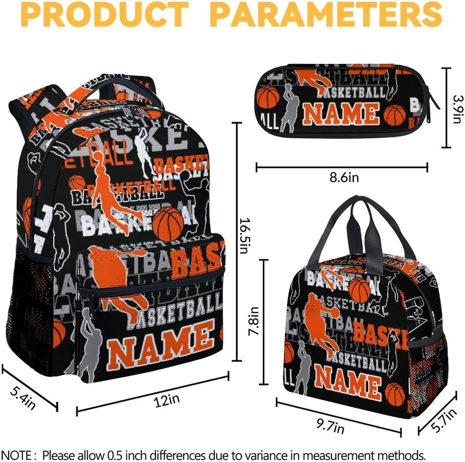 Mercuryelf Custom Basketball Backpack with Lunch Box and Pencil Case, Personalized Elementary Kindergarten School Bookbags for Boys Kids with Name, Set of 3