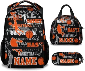 Mercuryelf Custom Basketball Backpack with Lunch Box and Pencil Case, Personalized Elementary Kindergarten School Bookbags for Boys Kids with Name, Set of 3