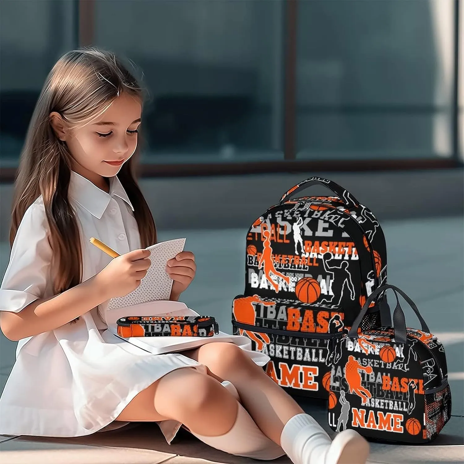 Mercuryelf Custom Basketball Backpack with Lunch Box and Pencil Case, Personalized Elementary Kindergarten School Bookbags for Boys Kids with Name, Set of 3