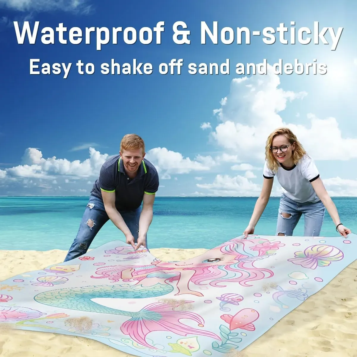 Mermaid Beach Blanket, Sandproof Beach Mat, 68 x 59 Waterproof Quick Drying Sand Free Mat with 4 x Ground Spikes for Outdoor Travel Camping Hiking, Seashell