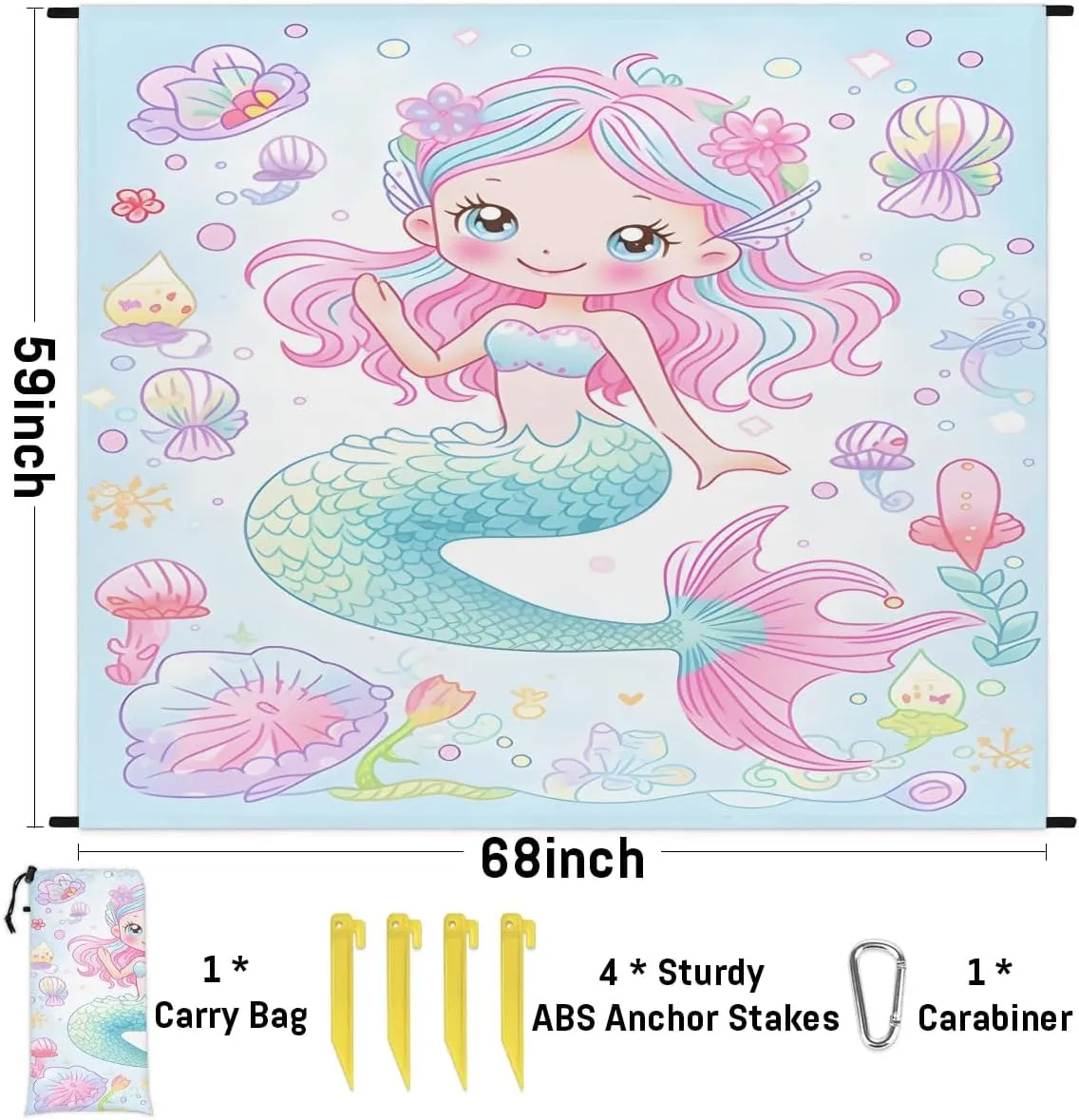 Mermaid Beach Blanket, Sandproof Beach Mat, 68 x 59 Waterproof Quick Drying Sand Free Mat with 4 x Ground Spikes for Outdoor Travel Camping Hiking, Seashell