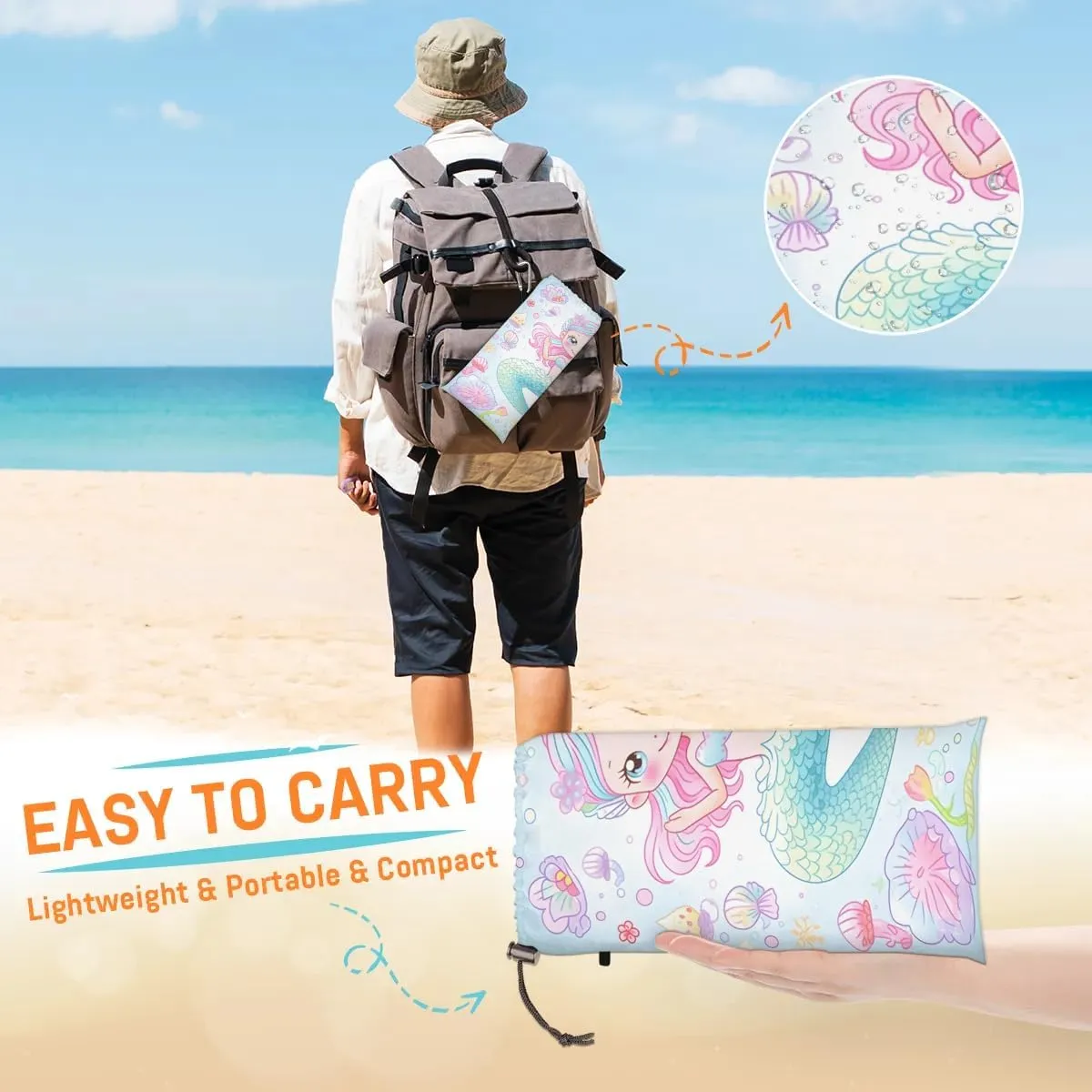 Mermaid Beach Blanket, Sandproof Beach Mat, 68 x 59 Waterproof Quick Drying Sand Free Mat with 4 x Ground Spikes for Outdoor Travel Camping Hiking, Seashell