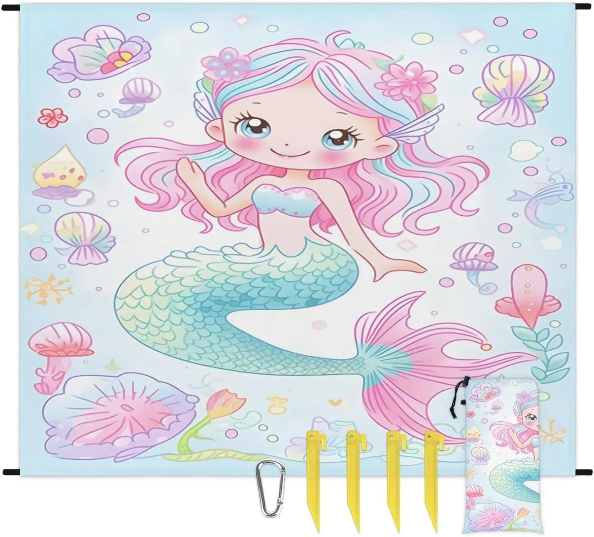 Mermaid Beach Blanket, Sandproof Beach Mat, 68 x 59 Waterproof Quick Drying Sand Free Mat with 4 x Ground Spikes for Outdoor Travel Camping Hiking, Seashell