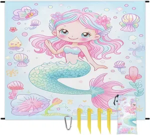 Mermaid Beach Blanket, Sandproof Beach Mat, 68 x 59 Waterproof Quick Drying Sand Free Mat with 4 x Ground Spikes for Outdoor Travel Camping Hiking, Seashell