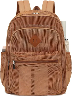 Mesh Bacpack Heavy Duty for School, Lightweight See Through College Backpack for Work Beach Sports (Brown)