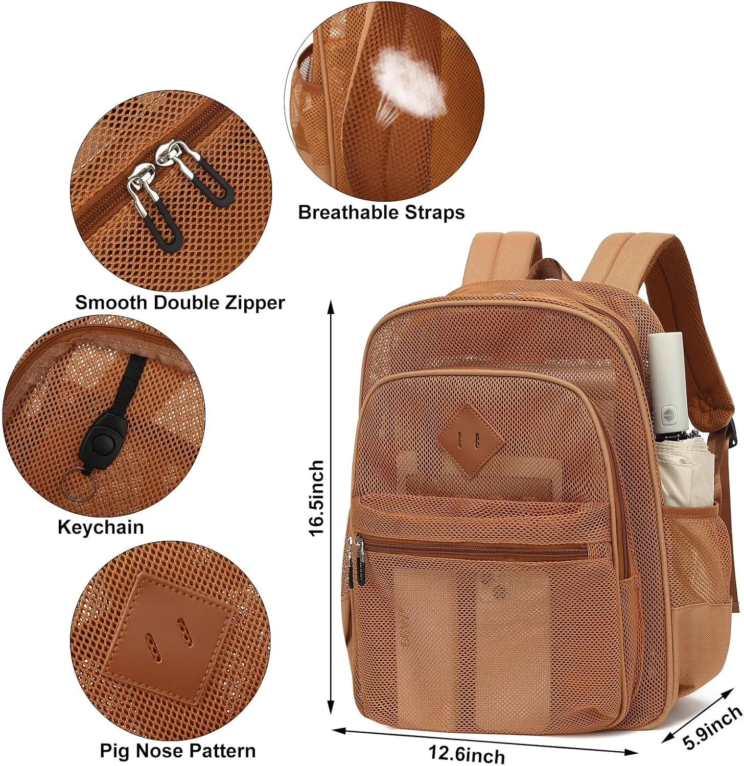 Mesh Bacpack Heavy Duty for School, Lightweight See Through College Backpack for Work Beach Sports (Brown)