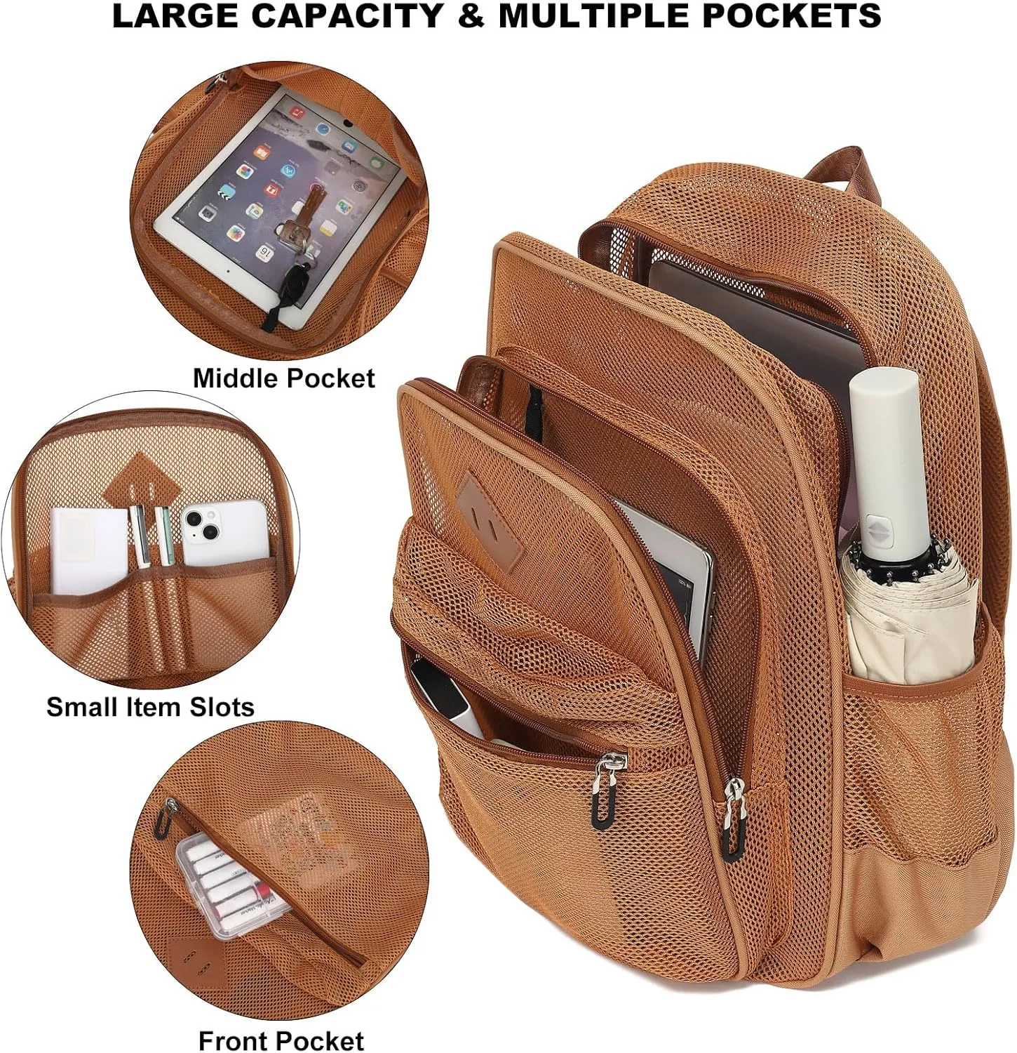 Mesh Bacpack Heavy Duty for School, Lightweight See Through College Backpack for Work Beach Sports (Brown)