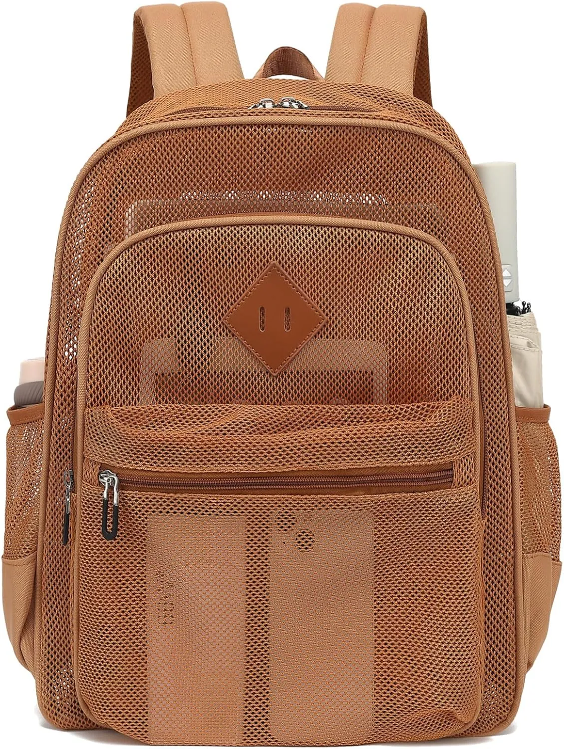 Mesh Bacpack Heavy Duty for School, Lightweight See Through College Backpack for Work Beach Sports (Brown)