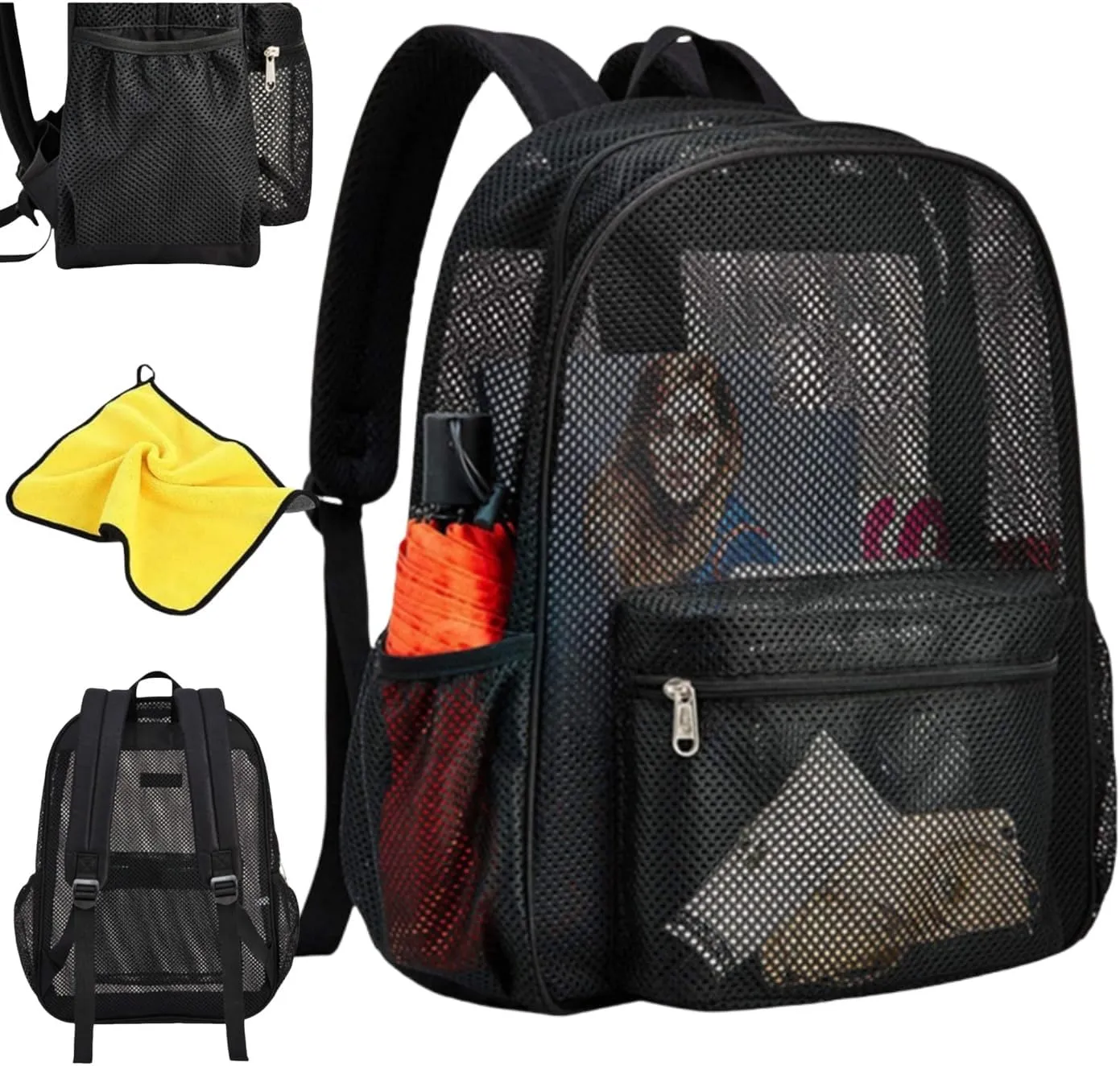 Mesh Beach Backpacks,Mesh Backpack with Inner Compartment,Heavy Duty Transparent Bookbag with Adjustable Shoulder Straps (Black, 43x15x32cm/16.93x5.91x12.6in)
