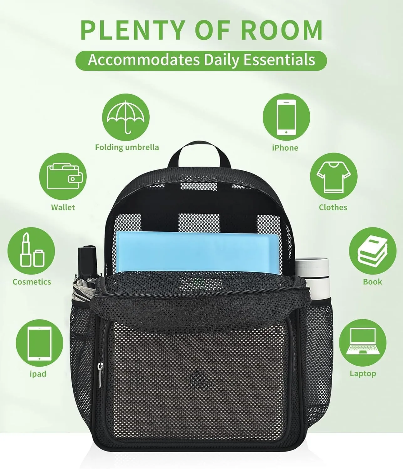 Mesh Beach Backpacks,Mesh Backpack with Inner Compartment,Heavy Duty Transparent Bookbag with Adjustable Shoulder Straps (Black, 43x15x32cm/16.93x5.91x12.6in)