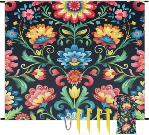 Mexican Flowers Beach Blanket, Sandproof Beach Mat, Adults Waterproof Quick Drying Sand Free Mat with 4 x Ground Spikes for Outdoor Travel Camping Hiking, Colorful Mexican