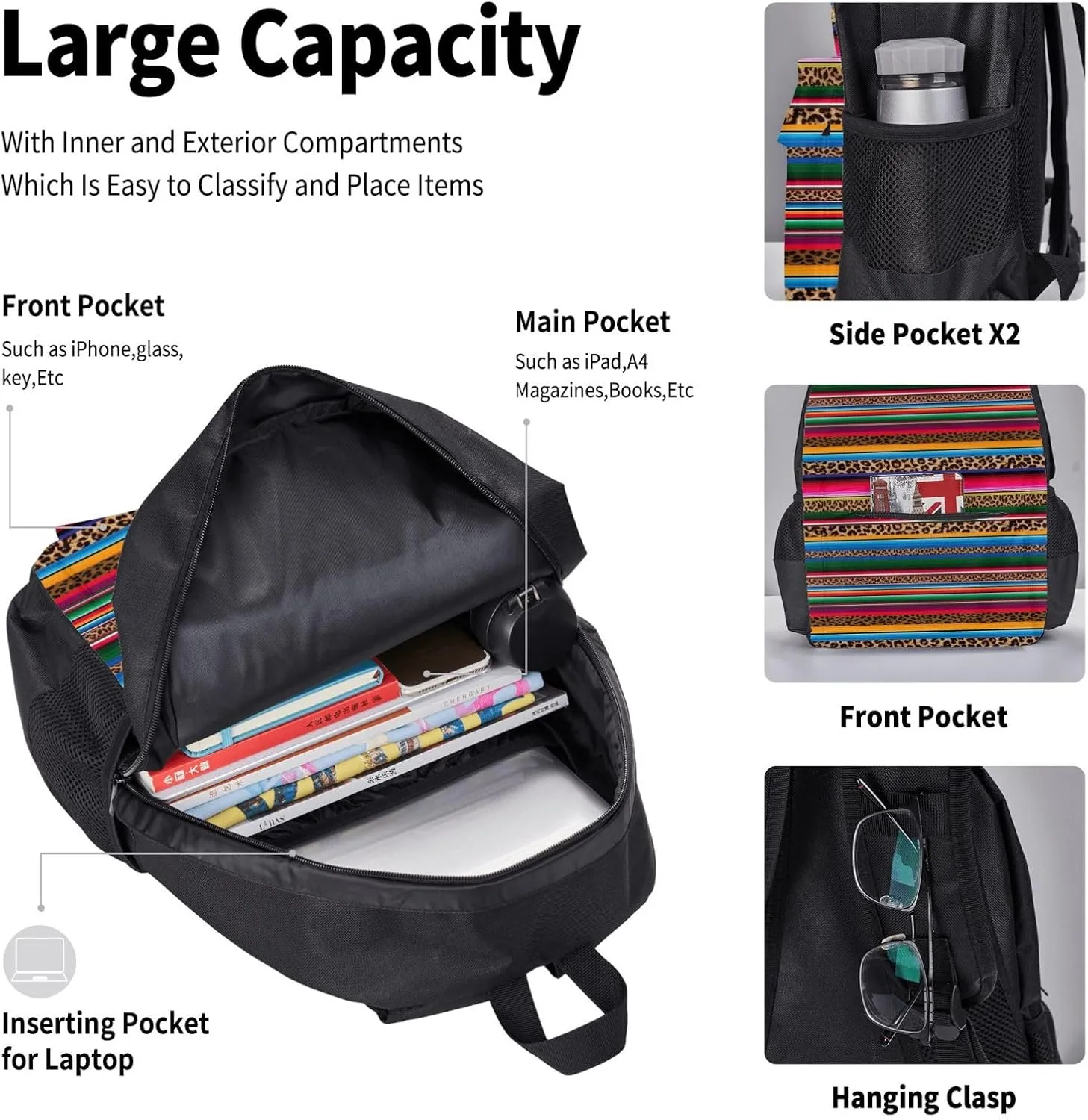 Mexico Serape Leopard Print Multifunctional Pocket Backpack Crossbody Lunch Bag Pencil Case 3Pcs Set Large Capacity Backpack