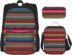 Mexico Serape Leopard Print Multifunctional Pocket Backpack Crossbody Lunch Bag Pencil Case 3Pcs Set Large Capacity Backpack