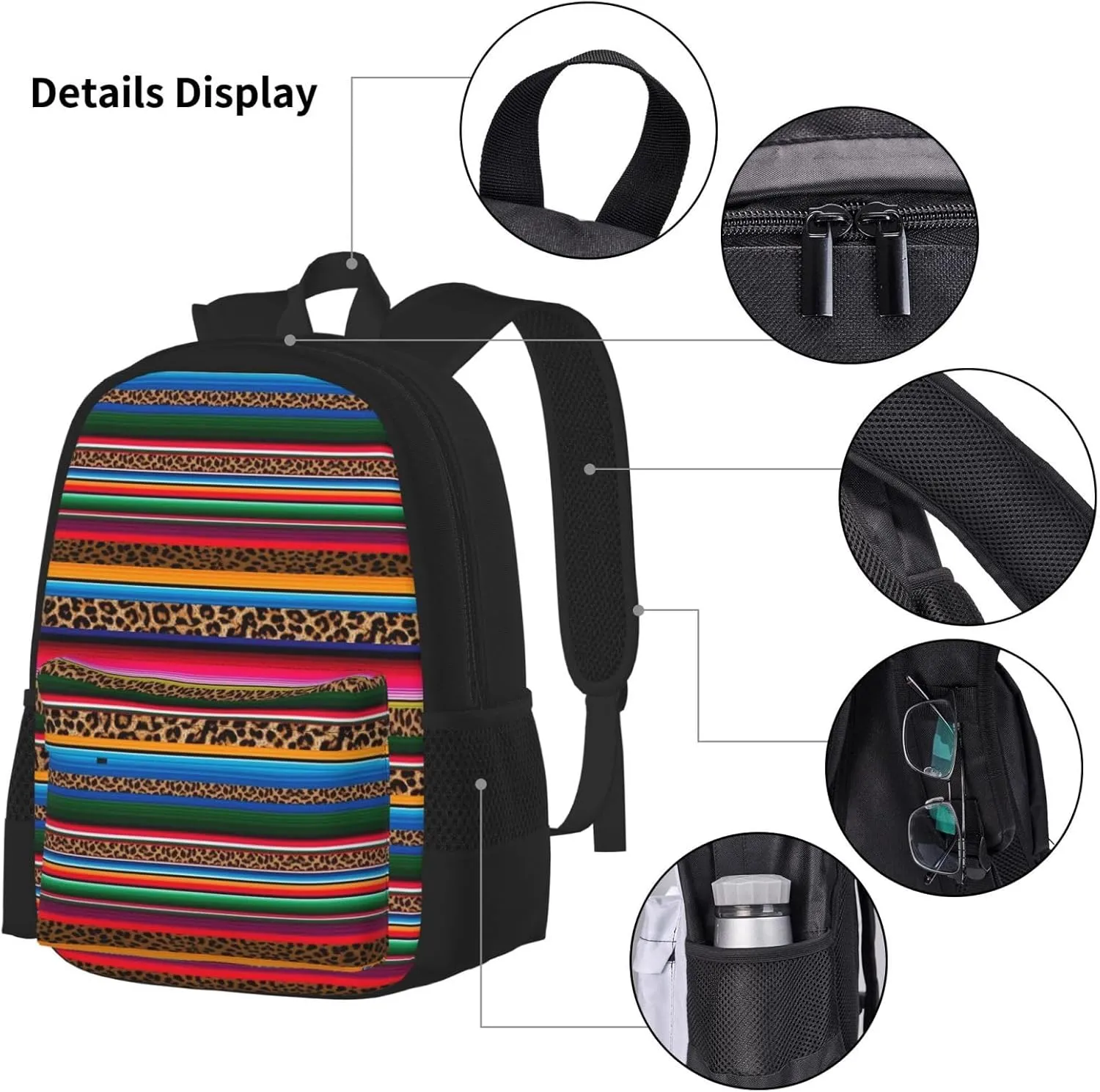 Mexico Serape Leopard Print Multifunctional Pocket Backpack Crossbody Lunch Bag Pencil Case 3Pcs Set Large Capacity Backpack