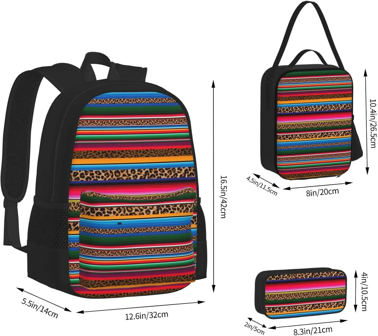 Mexico Serape Leopard Print Multifunctional Pocket Backpack Crossbody Lunch Bag Pencil Case 3Pcs Set Large Capacity Backpack