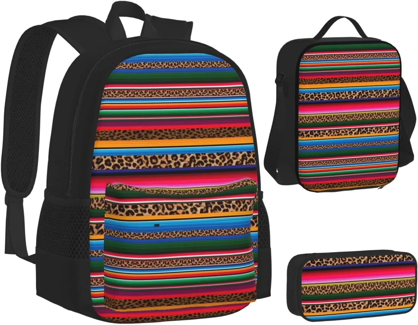 Mexico Serape Leopard Print Multifunctional Pocket Backpack Crossbody Lunch Bag Pencil Case 3Pcs Set Large Capacity Backpack