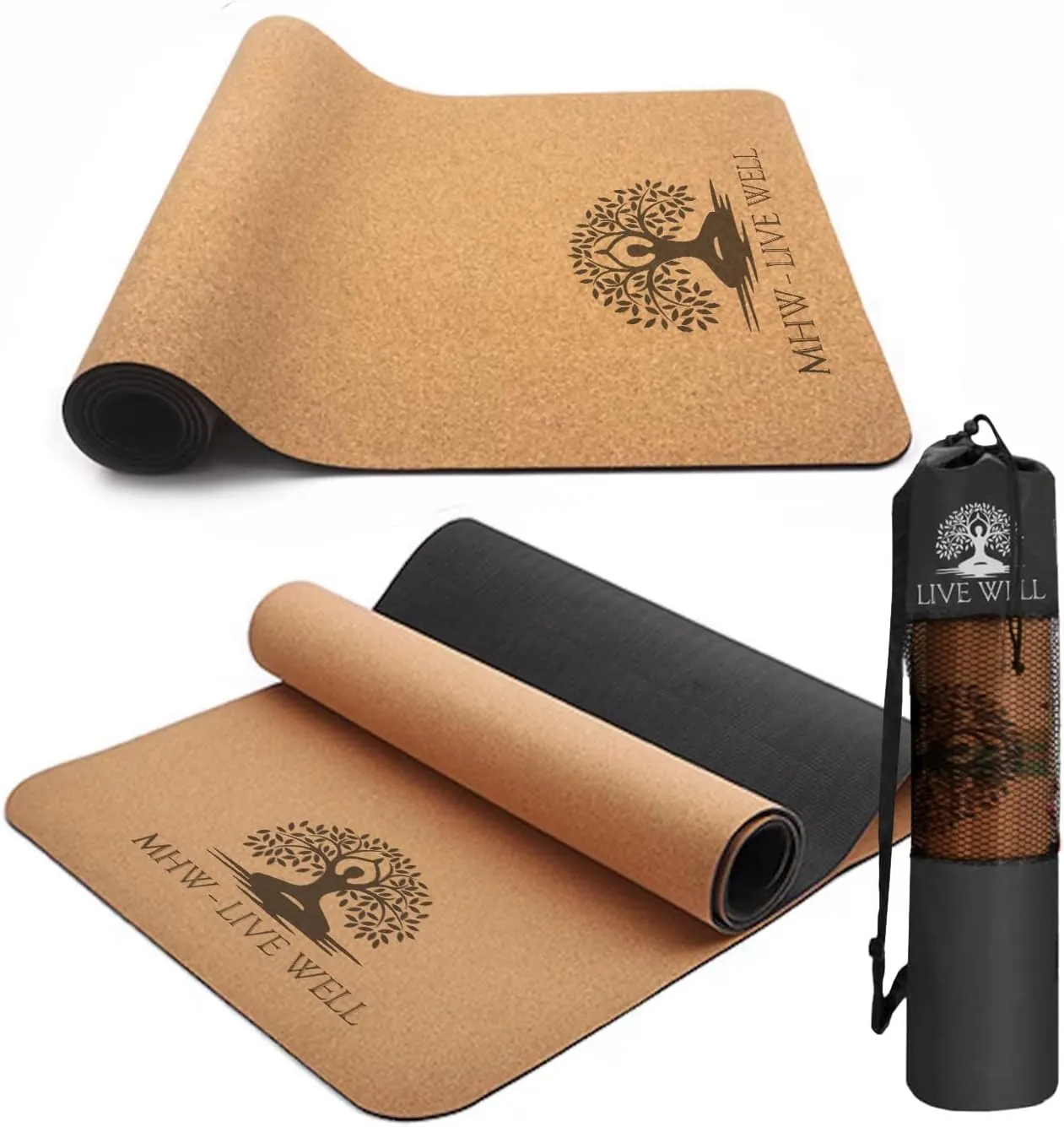 MHW - Live Well Cork Yoga Mat Thick | Non Slip Yoga Mat With Bag | Large Thick Extra Wide And Long | Eco Friendly Yoga Mat Non Toxic | Natural Rubber Mat | Foldable Mat With Strap