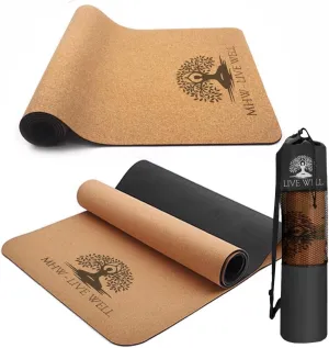 MHW - Live Well Cork Yoga Mat Thick | Non Slip Yoga Mat With Bag | Large Thick Extra Wide And Long | Eco Friendly Yoga Mat Non Toxic | Natural Rubber Mat | Foldable Mat With Strap