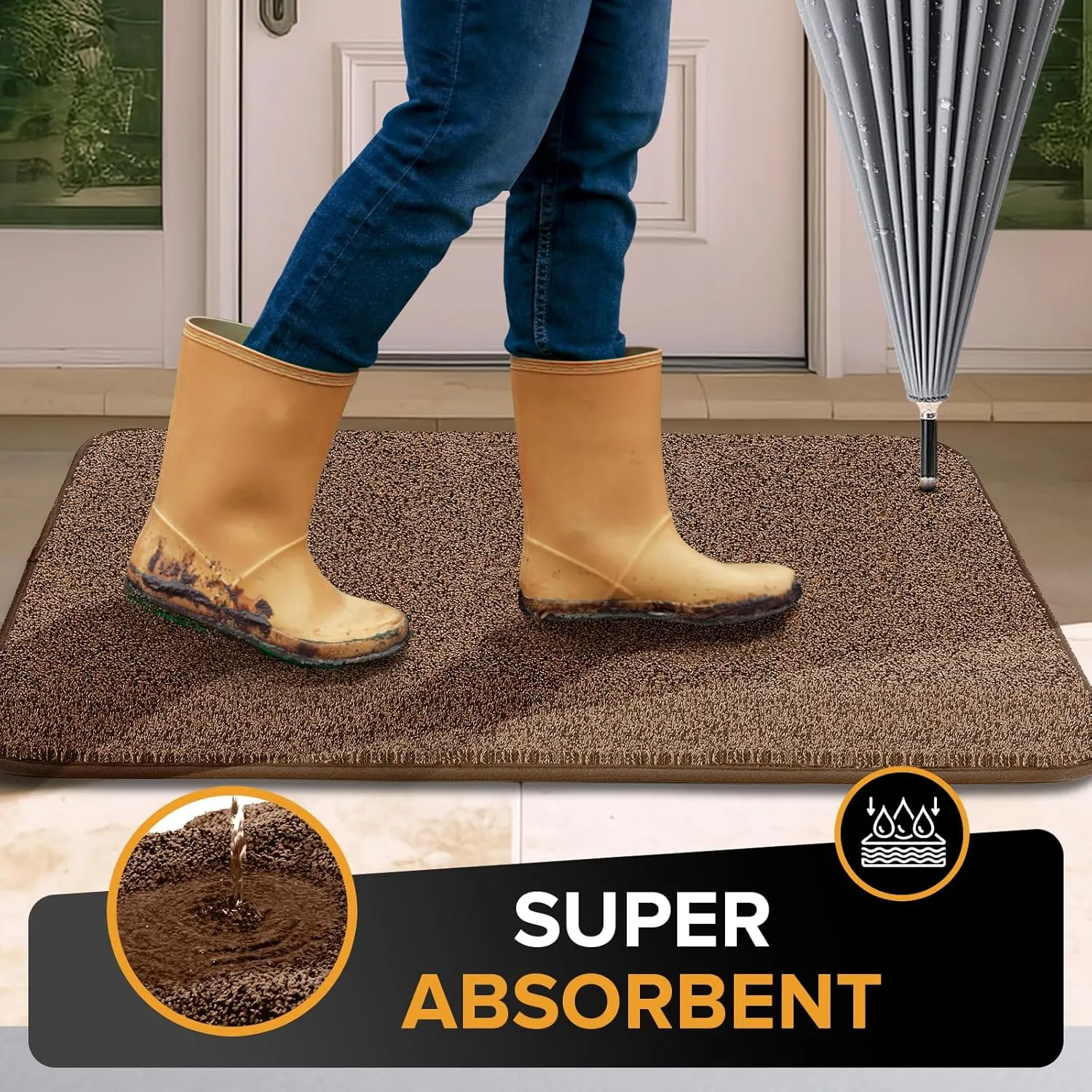 Mibao Front Door Mat Entrance, Non-Slip Absorbent Waterproof Welcome Doormat with TPR Backing, Dirt Trapping Entrance Inside Floor Mats for Entryway Washable Low-Profile, 24" x 35.5", Dark Brown