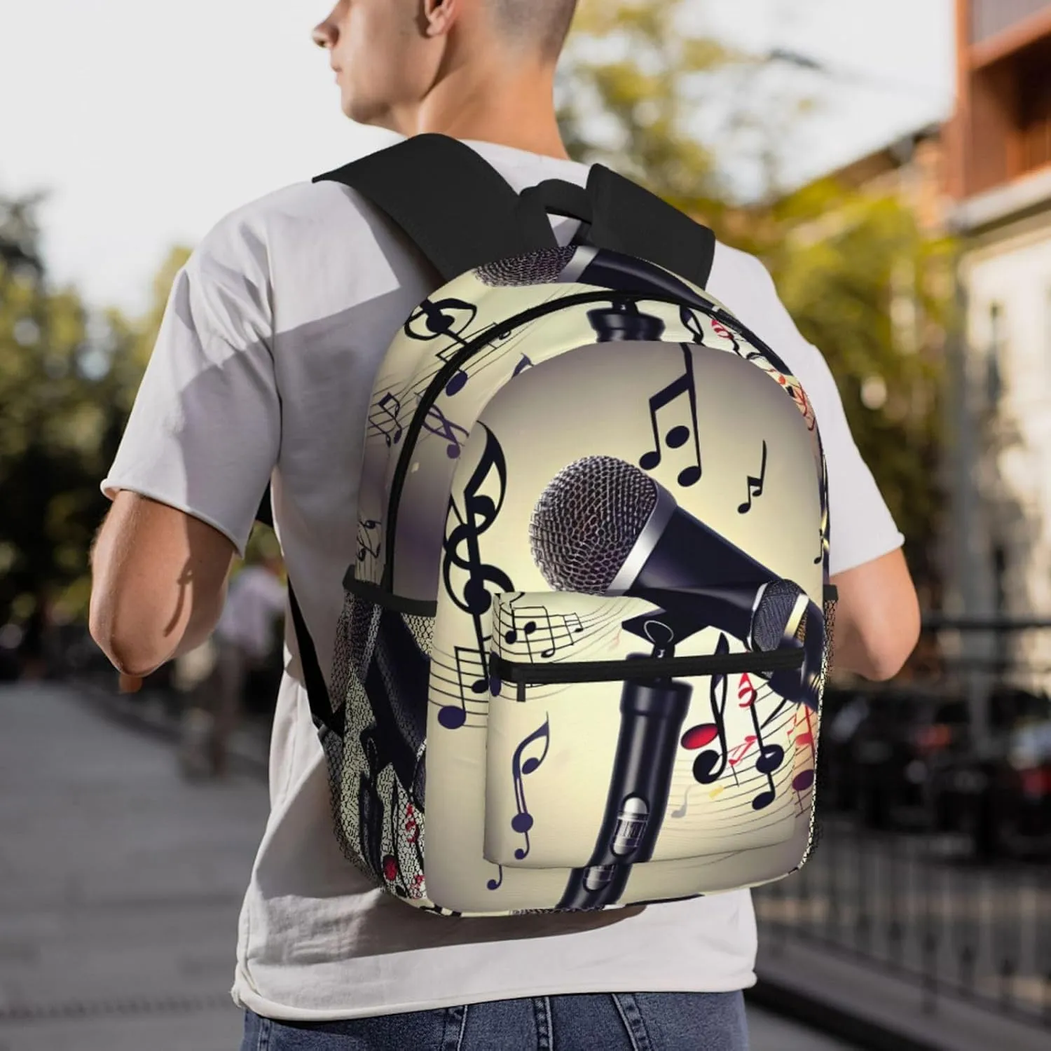 Microphone With Music Note Print Comfortable Backpack,Your Essential Casual Travel Bag For Outdoor Adventures