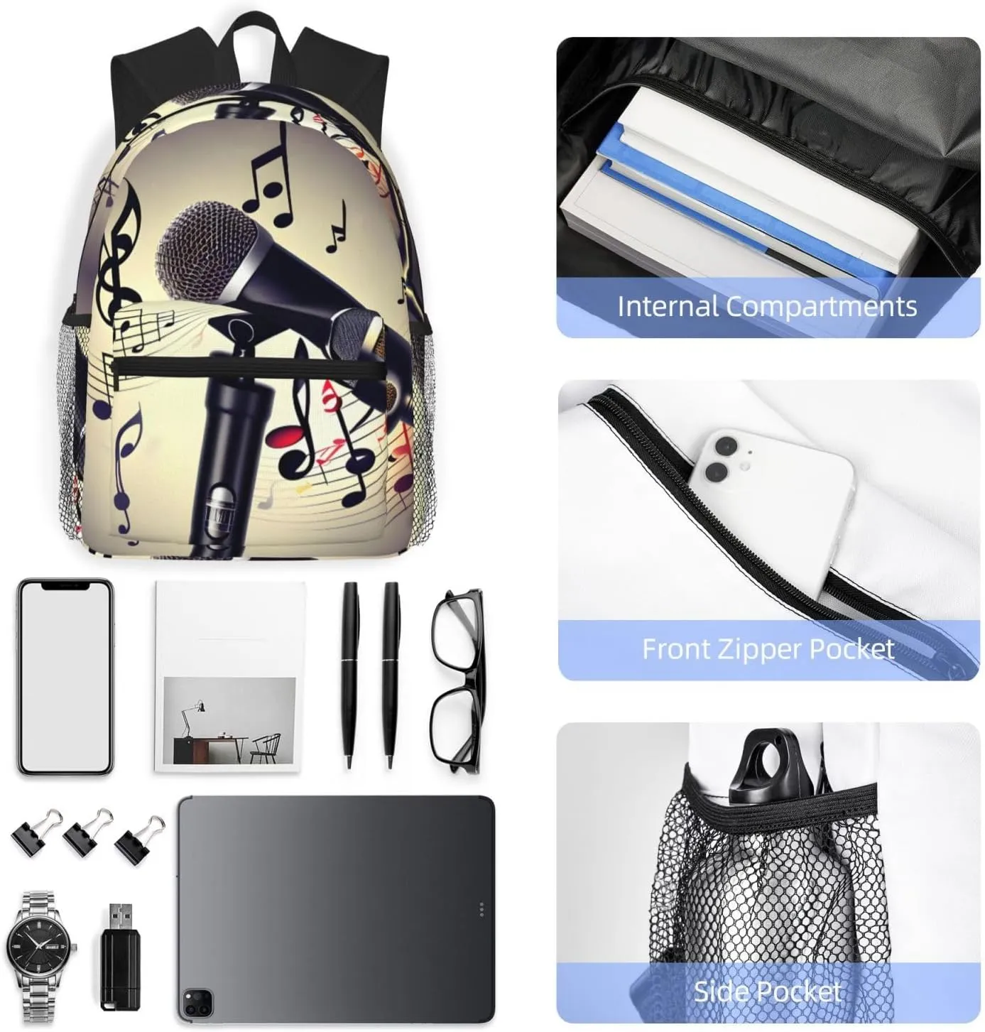 Microphone With Music Note Print Comfortable Backpack,Your Essential Casual Travel Bag For Outdoor Adventures